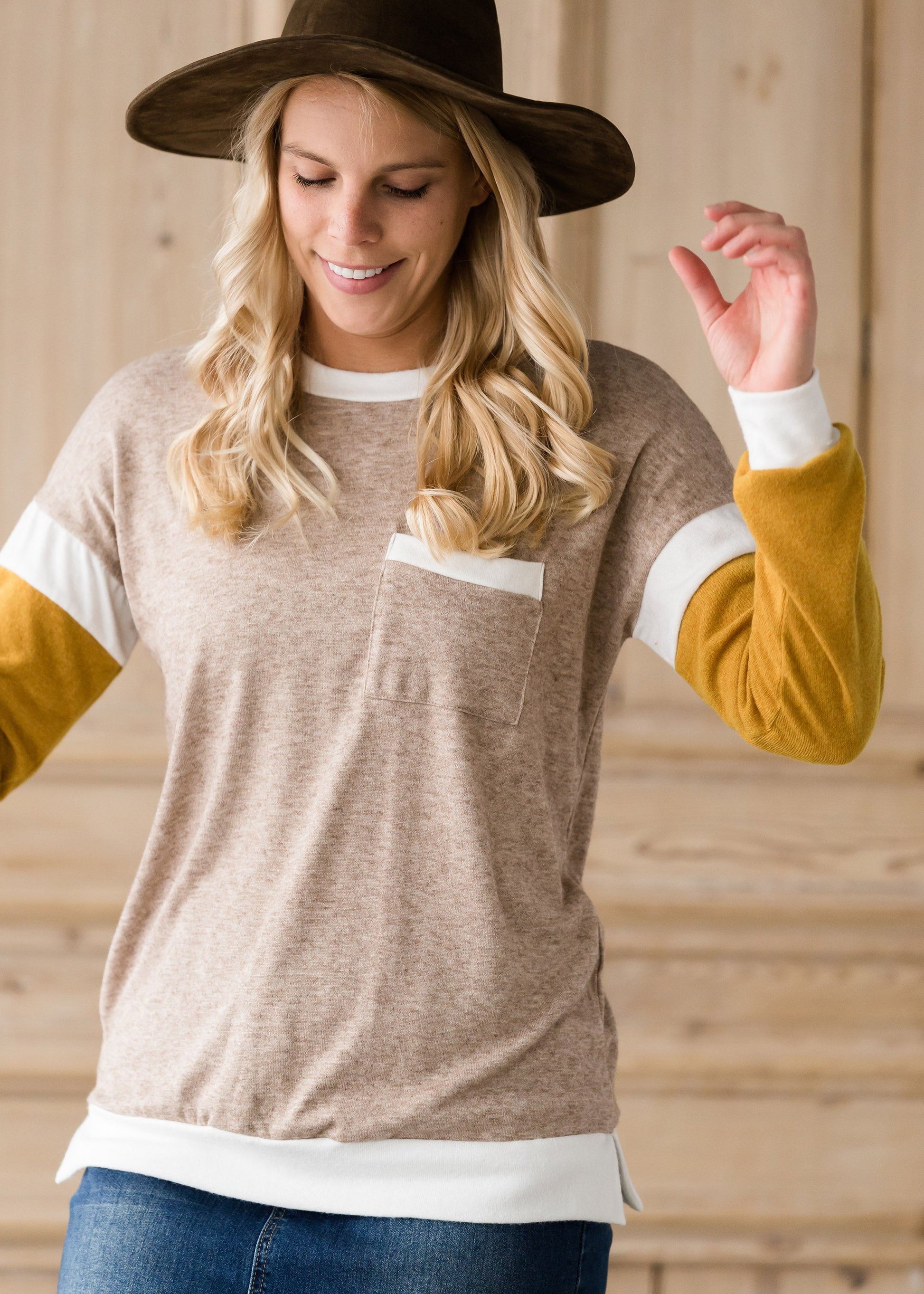 Neutral Knit Top With Pocket - FINAL SALE Tops