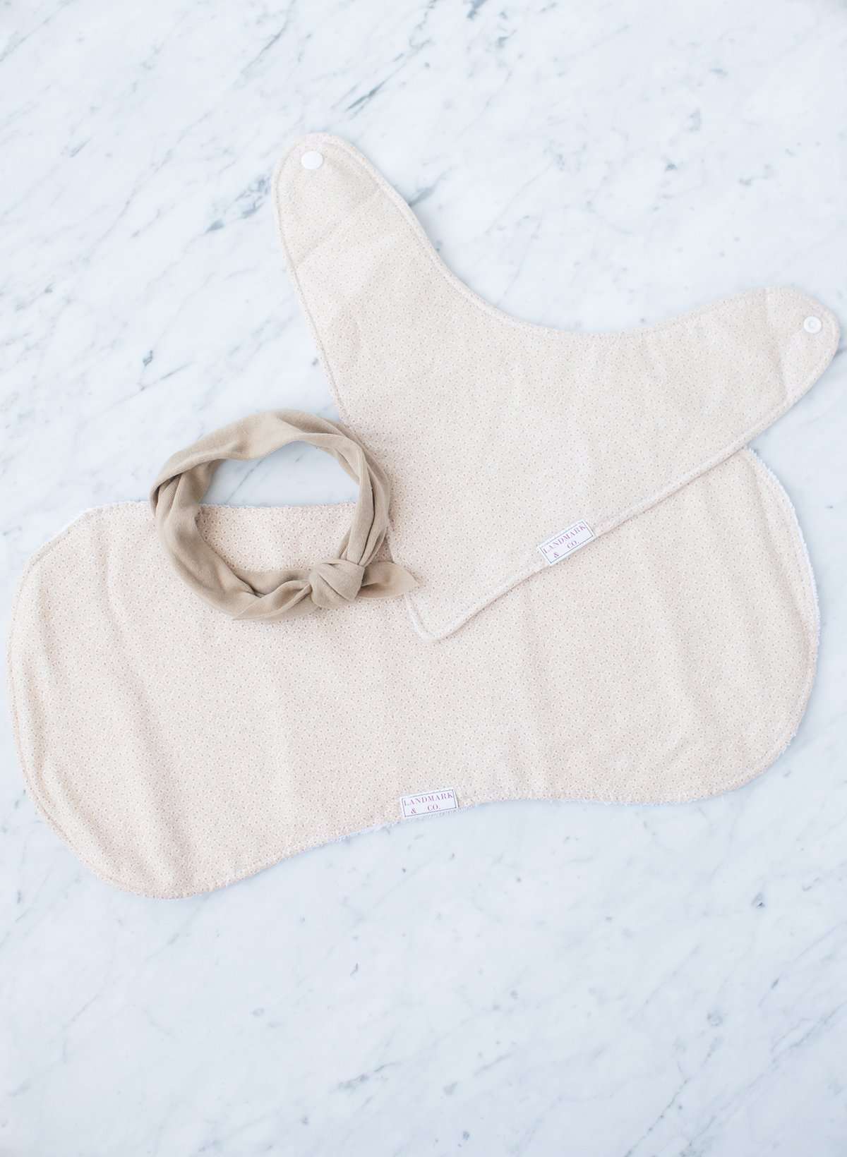 Baby gift set with burp cloth, bandana and headband