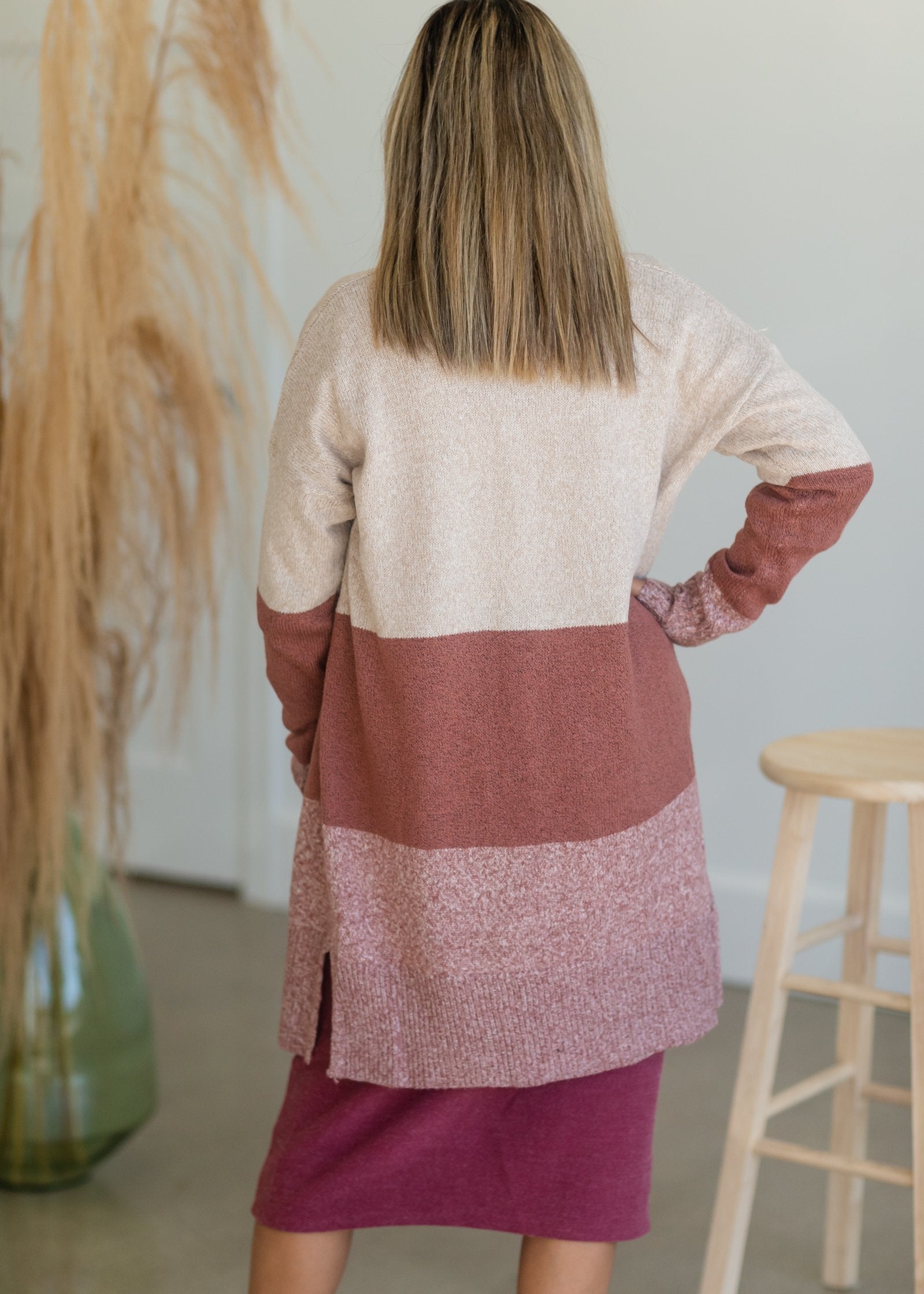 Oatmeal + Rust Open Front Color Block Cardigan Tops Staccato