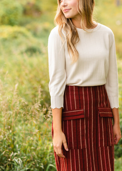 Oatmeal Scalloped Detail Sweater Tops