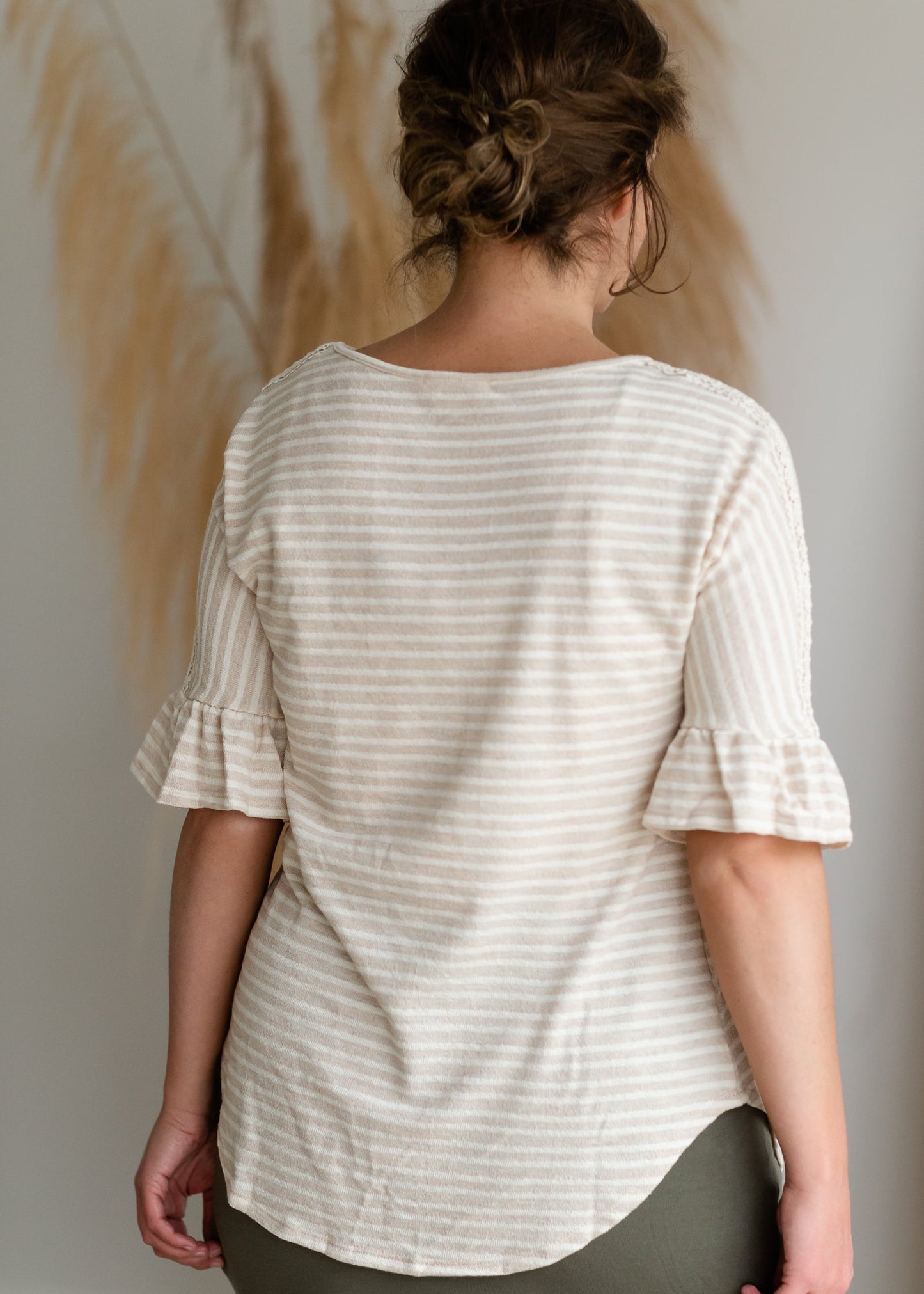 Oatmeal & White Bell Sleeve Striped Top Shirt Hailey & Co.