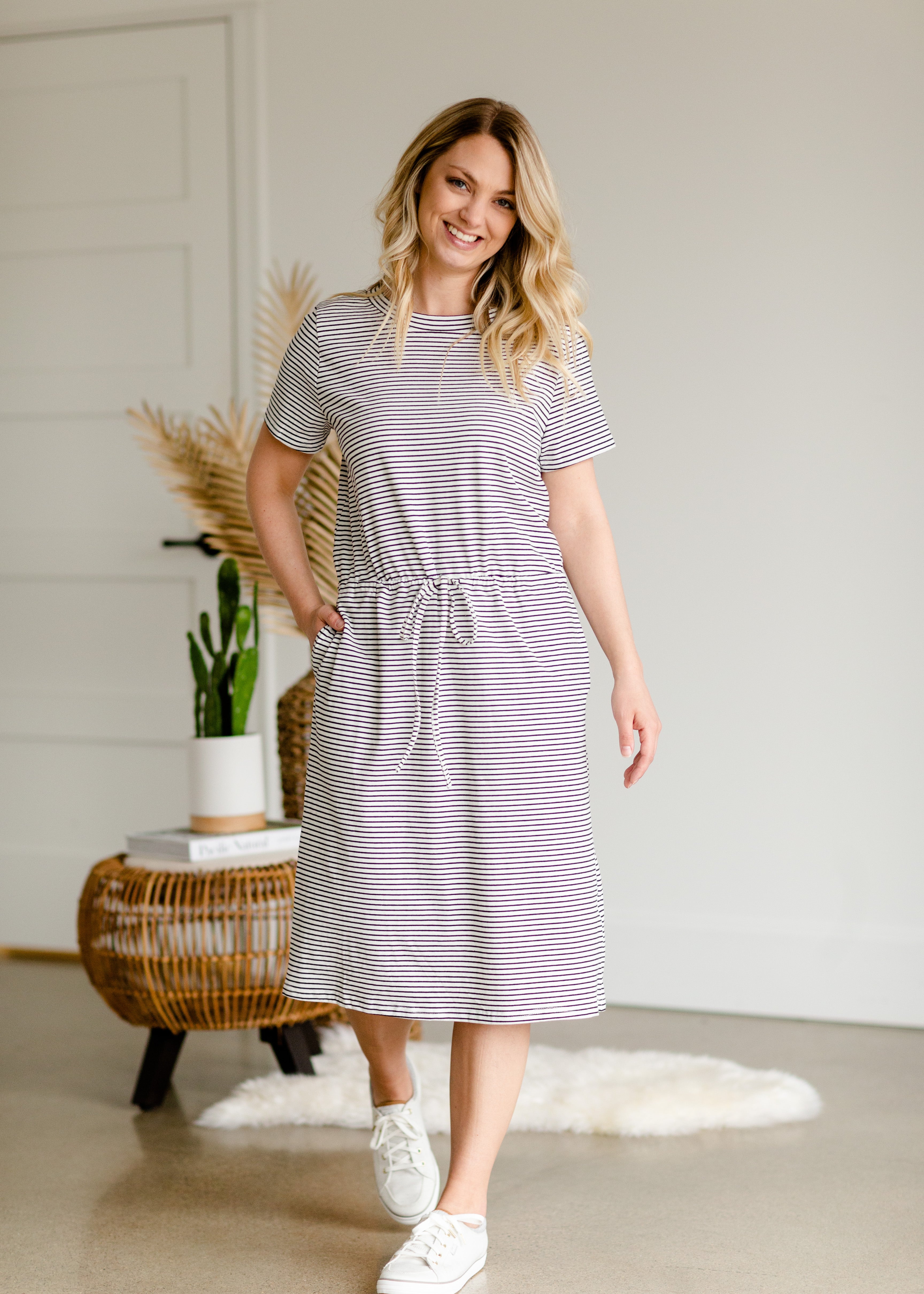 Off White Black Stripe Midi Dress FINAL SALE Inherit Co