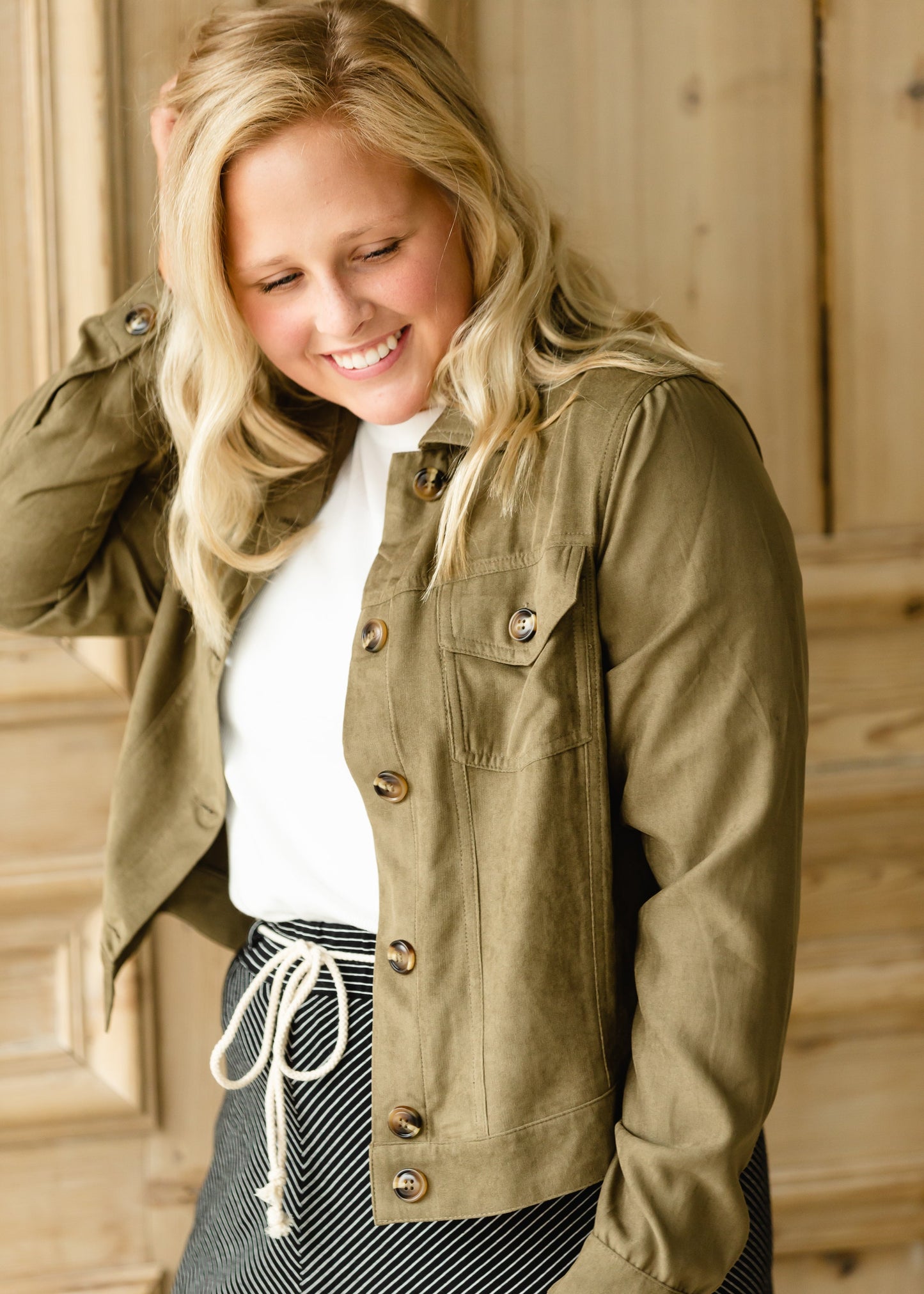 Olive Button Down Jacket with Pockets - FINAL SALE Layering Essentials