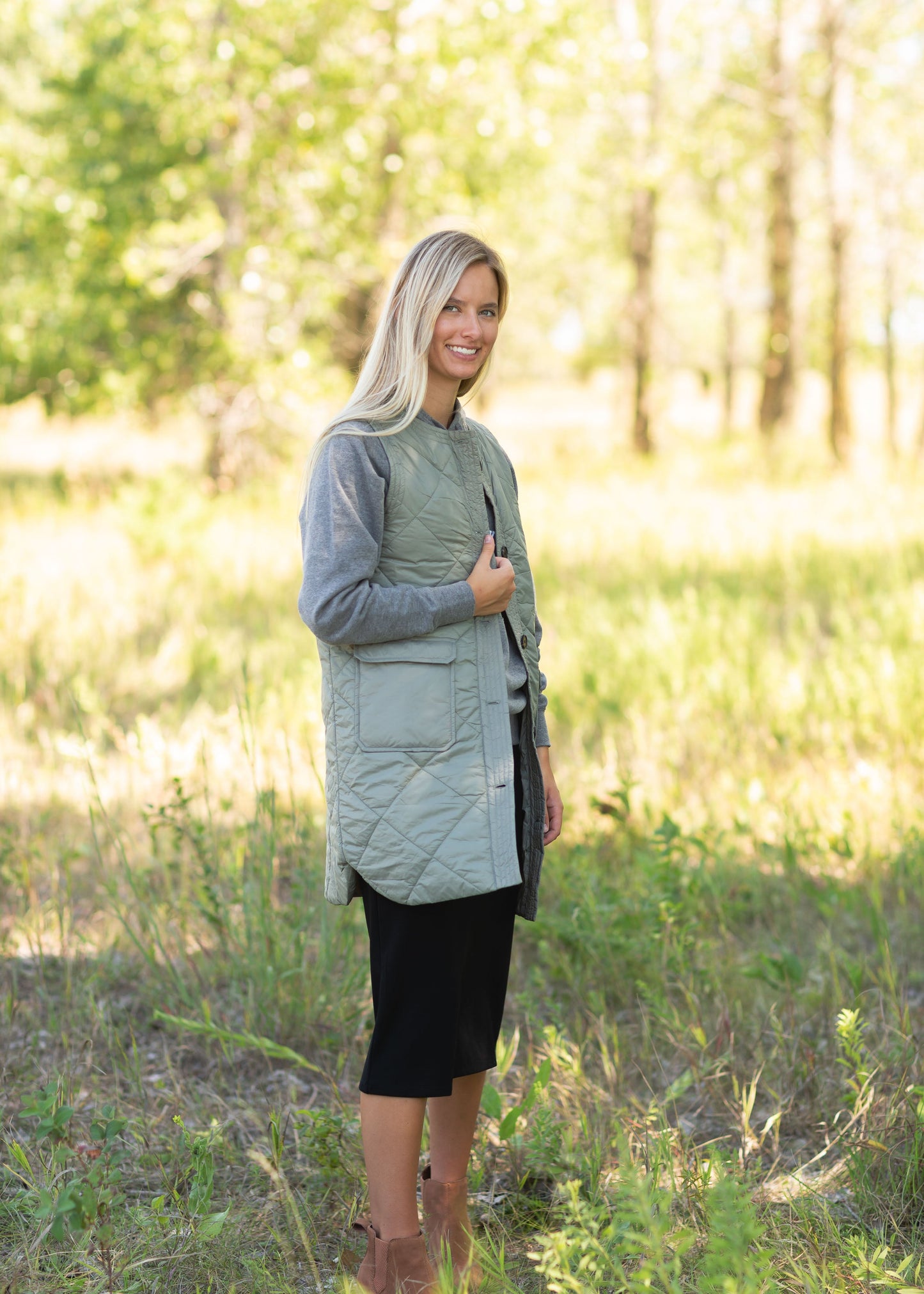 Olive Button Down Puffer Vest Tops