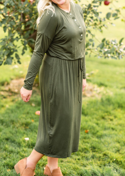 Olive Button Front Henley Midi Dress - FINAL SALE Dresses