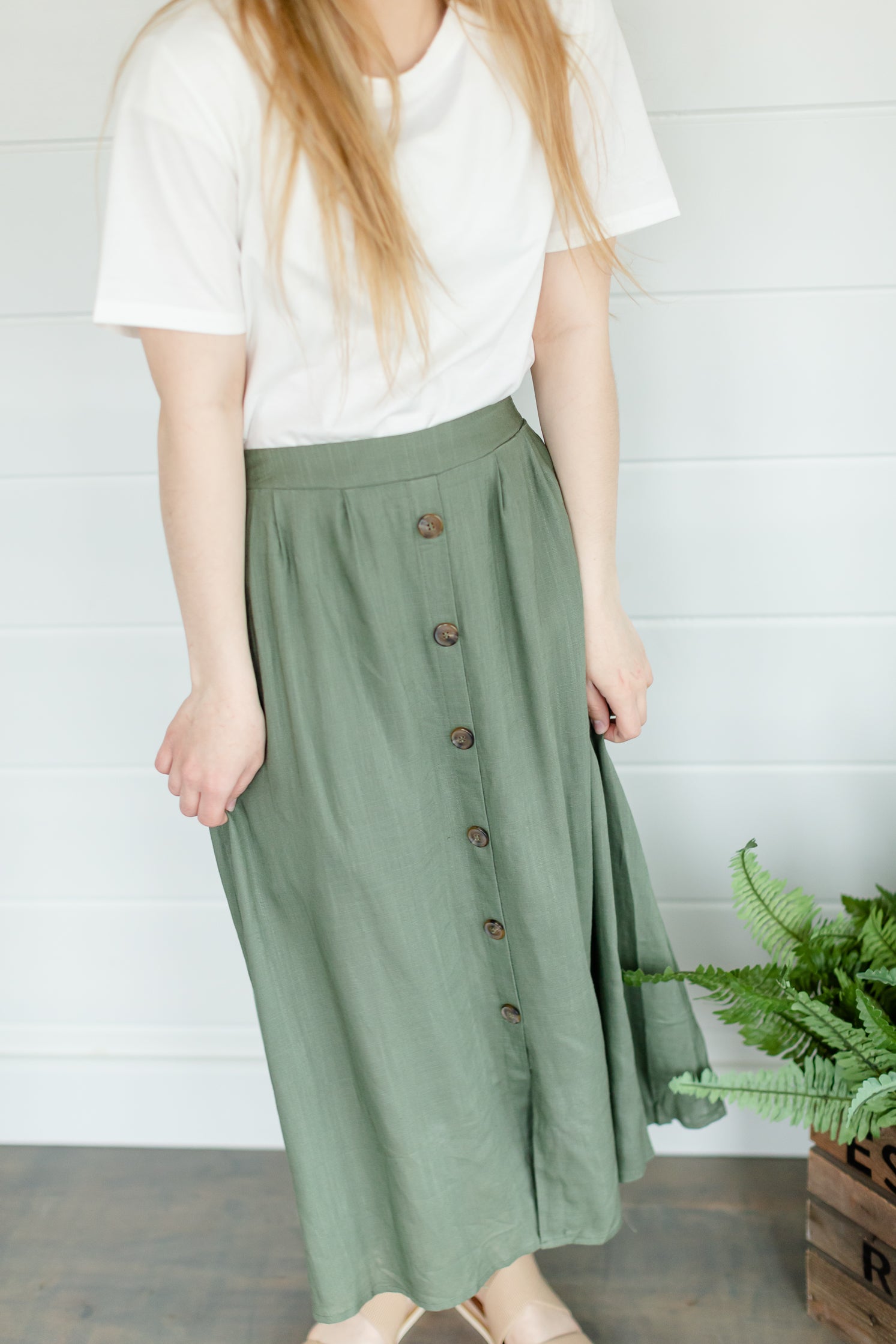 Olive Button Front Midi Skirt Skirts