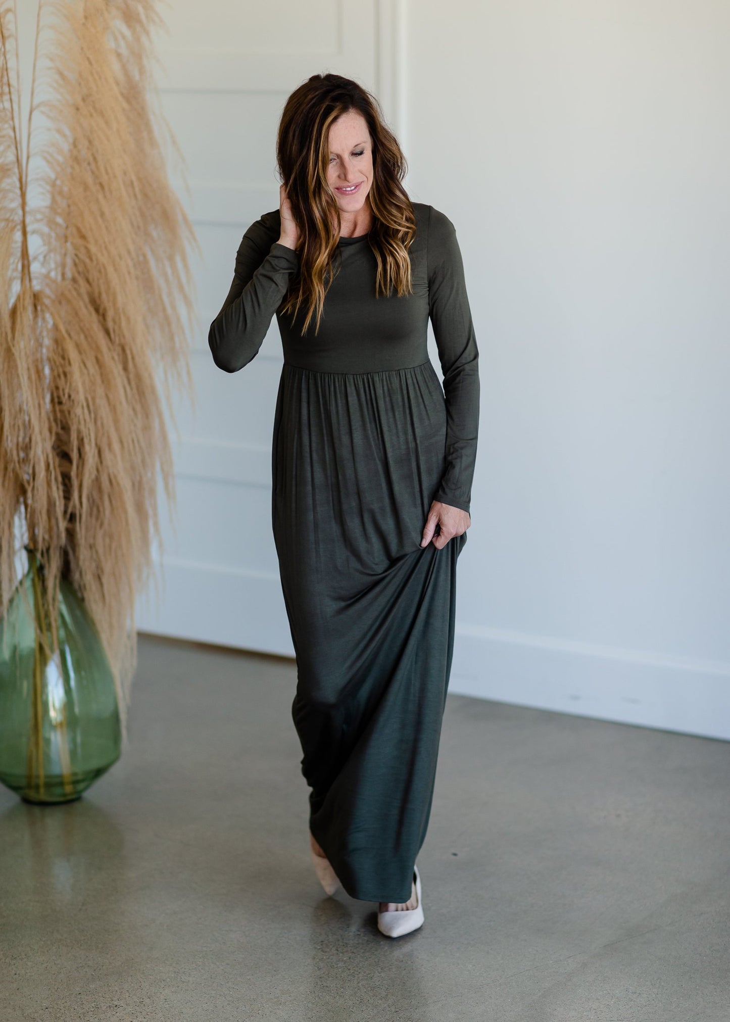 Olive Cinched Waist Long Sleeve Knit Maxi Dress Dresses Beeson River