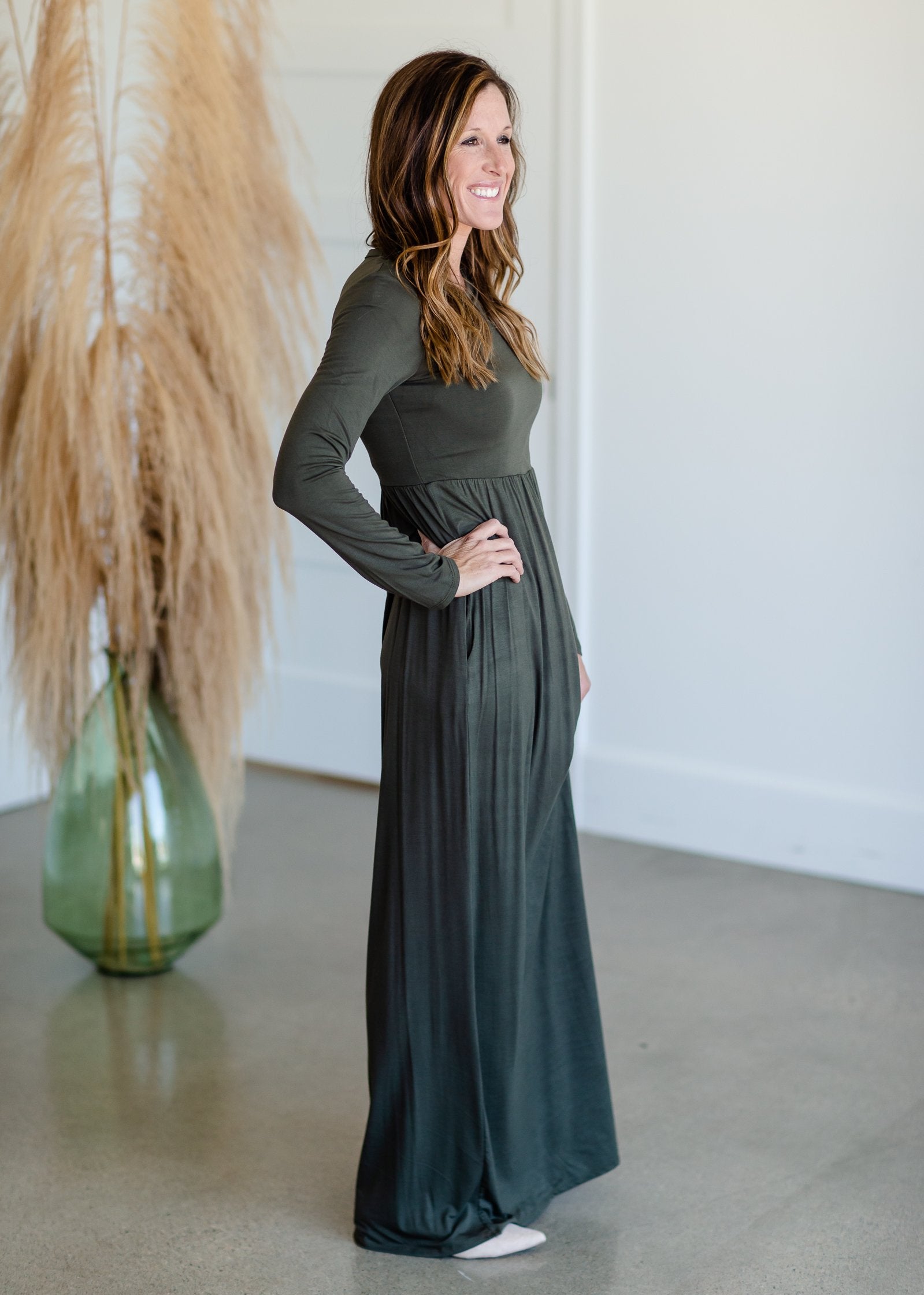 Olive Cinched Waist Long Sleeve Knit Maxi Dress Dresses Beeson River