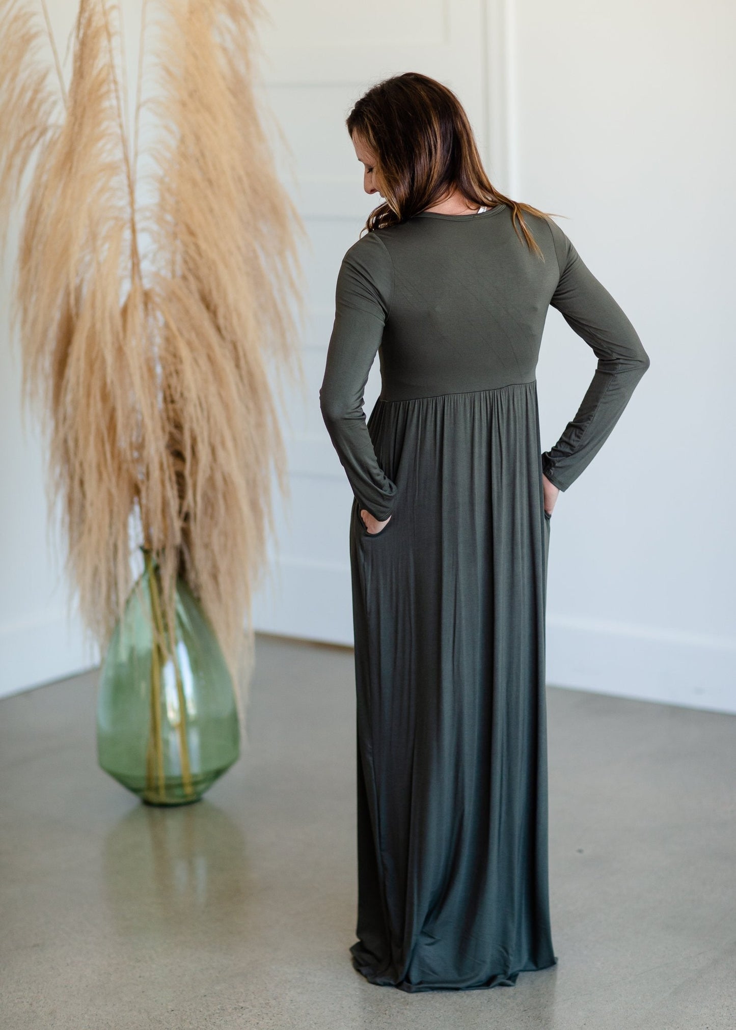 Olive Cinched Waist Long Sleeve Knit Maxi Dress Dresses Beeson River