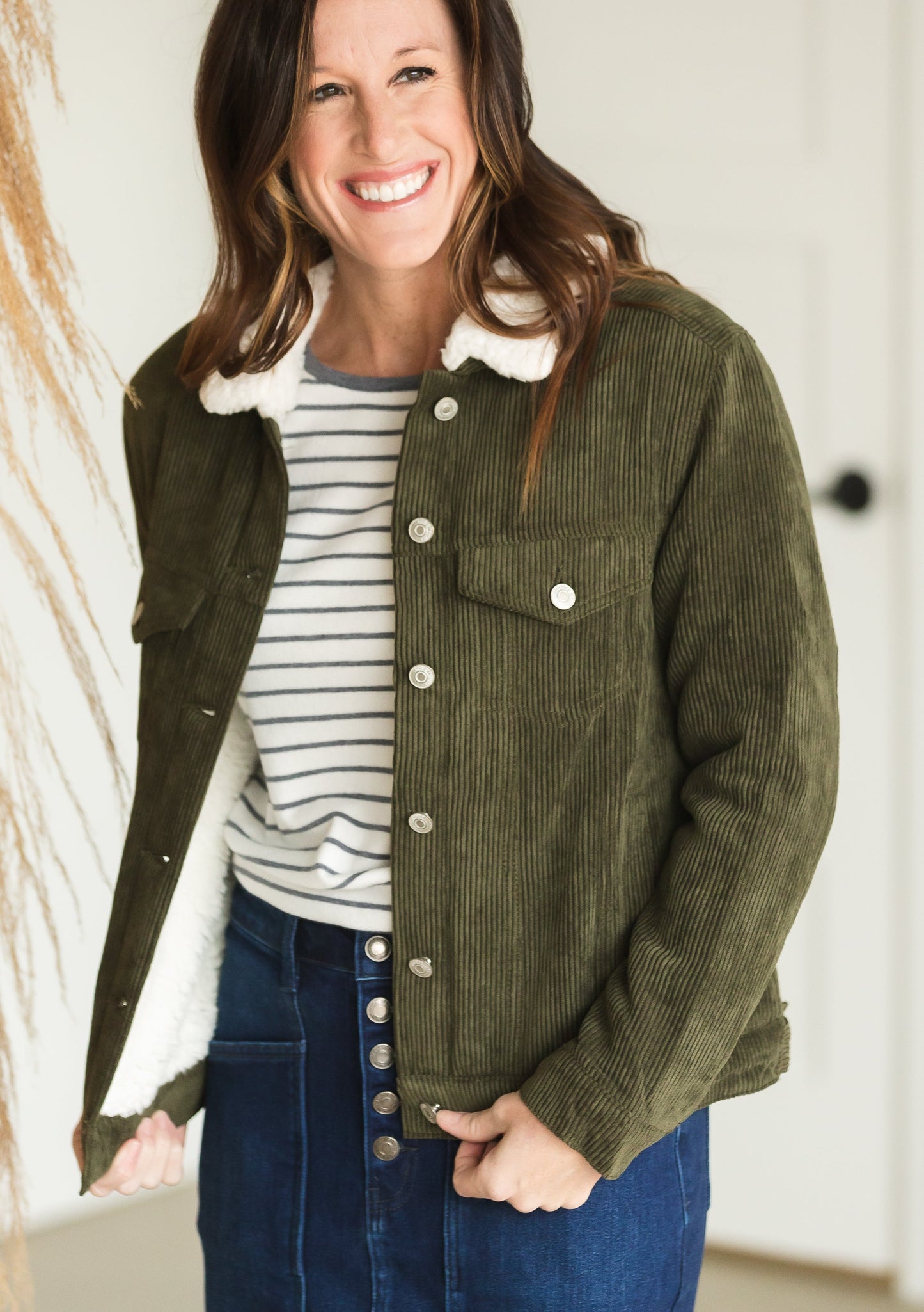 Olive Corduroy Fleece Lined Jacket - FINAL SALE Tops