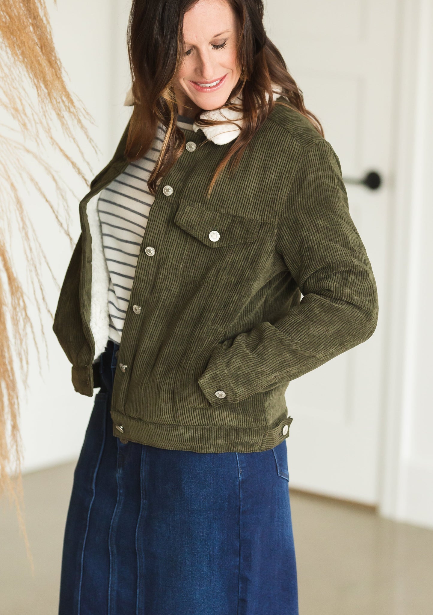 Olive Corduroy Fleece Lined Jacket - FINAL SALE Tops