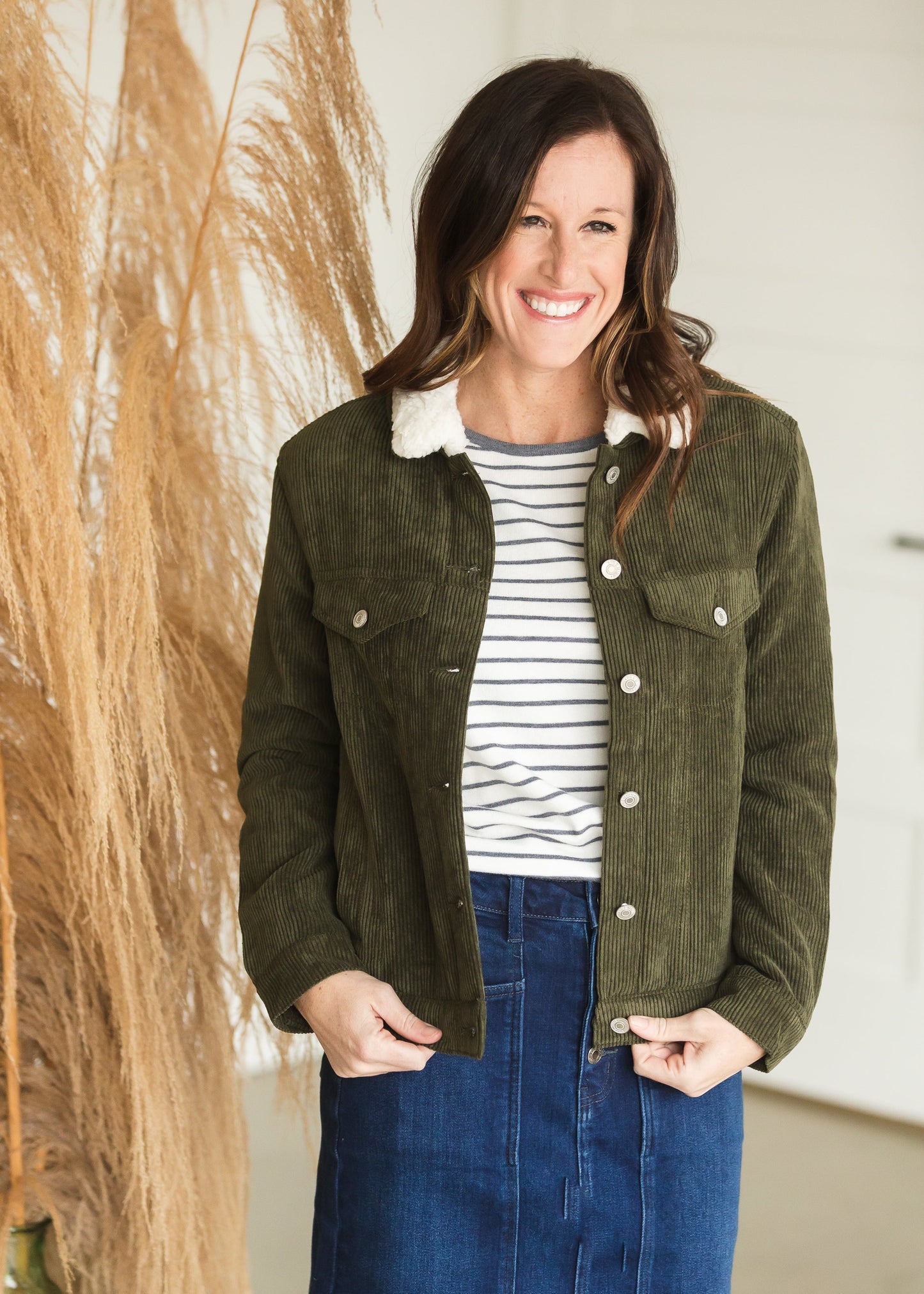 Olive Corduroy Fleece Lined Jacket - FINAL SALE Tops