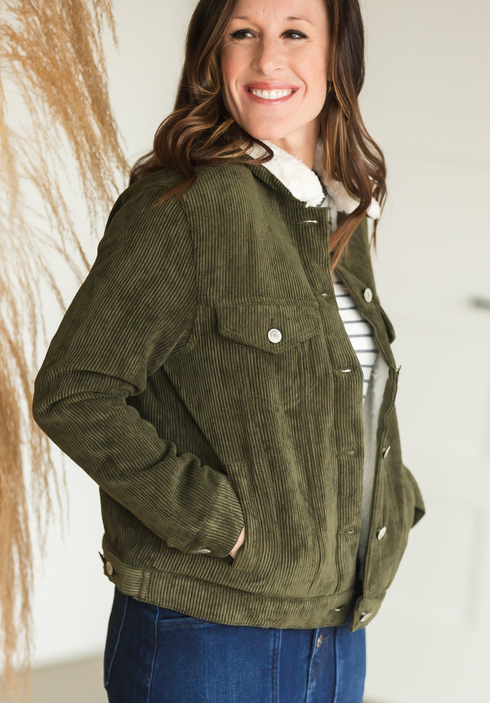 Olive Corduroy Fleece Lined Jacket - FINAL SALE Tops