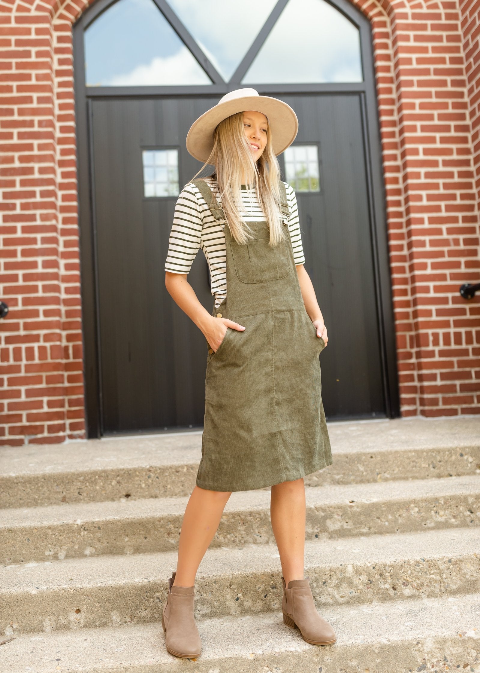 Olive Corduroy Overall Midi Dress Dresses Tea N Rose