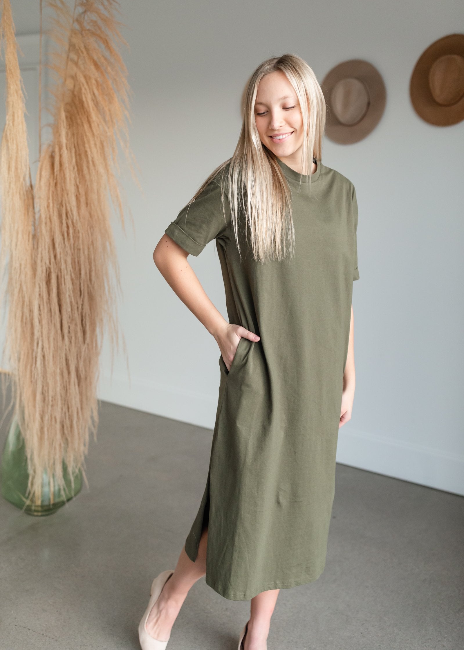 Olive Cotton Relaxed Fit Shift Dress Dresses Mod Ref