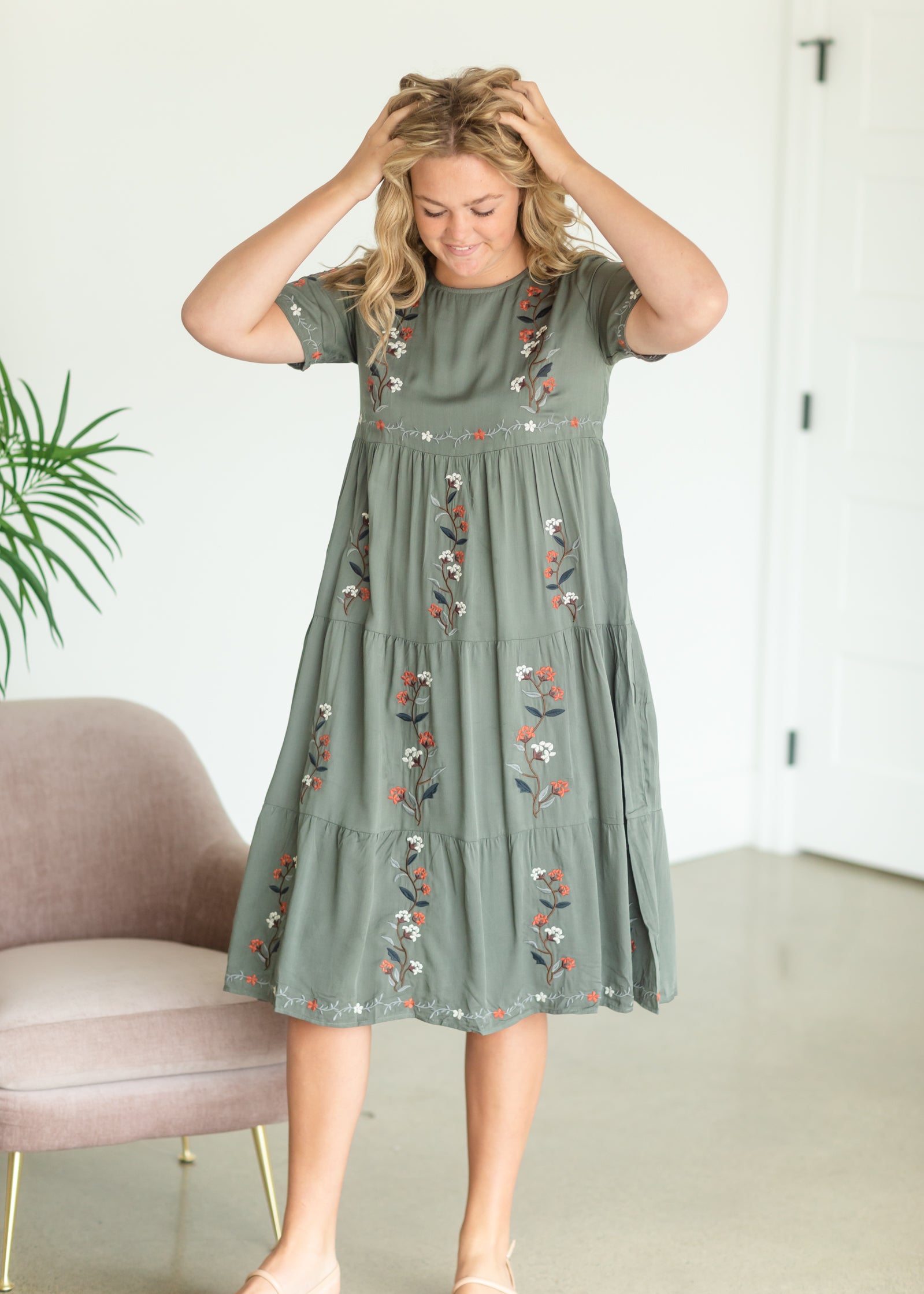 Olive Embroidered Tiered Midi Dress Dresses