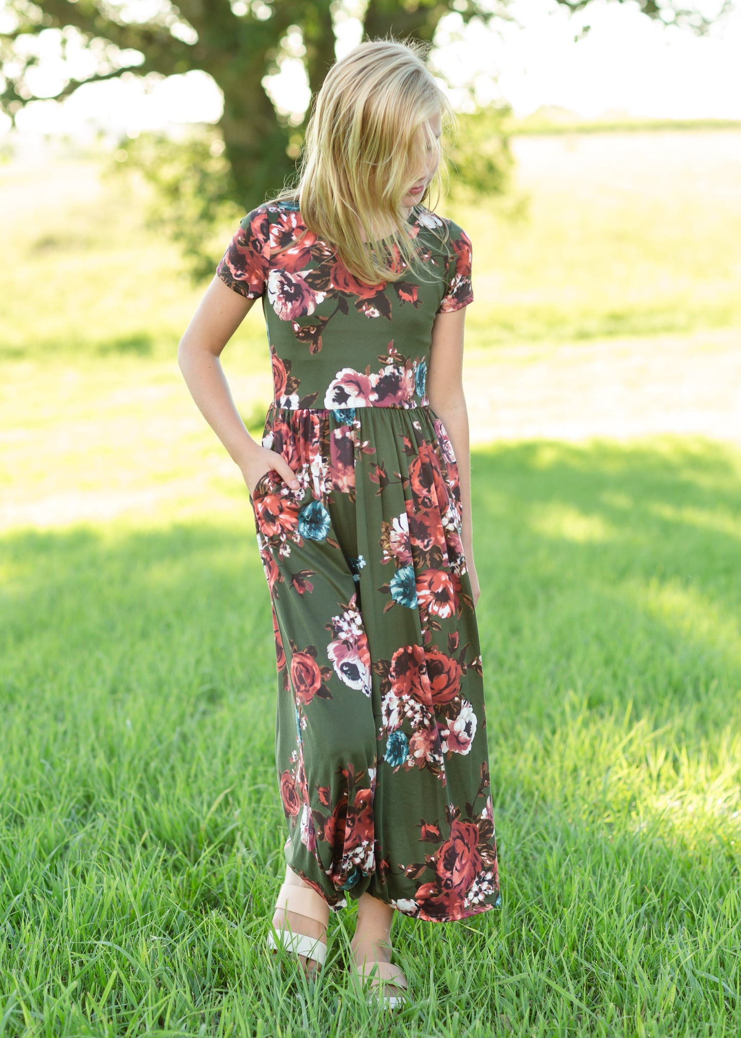 Olive Floral Fit and Flare Maxi Dress Dresses