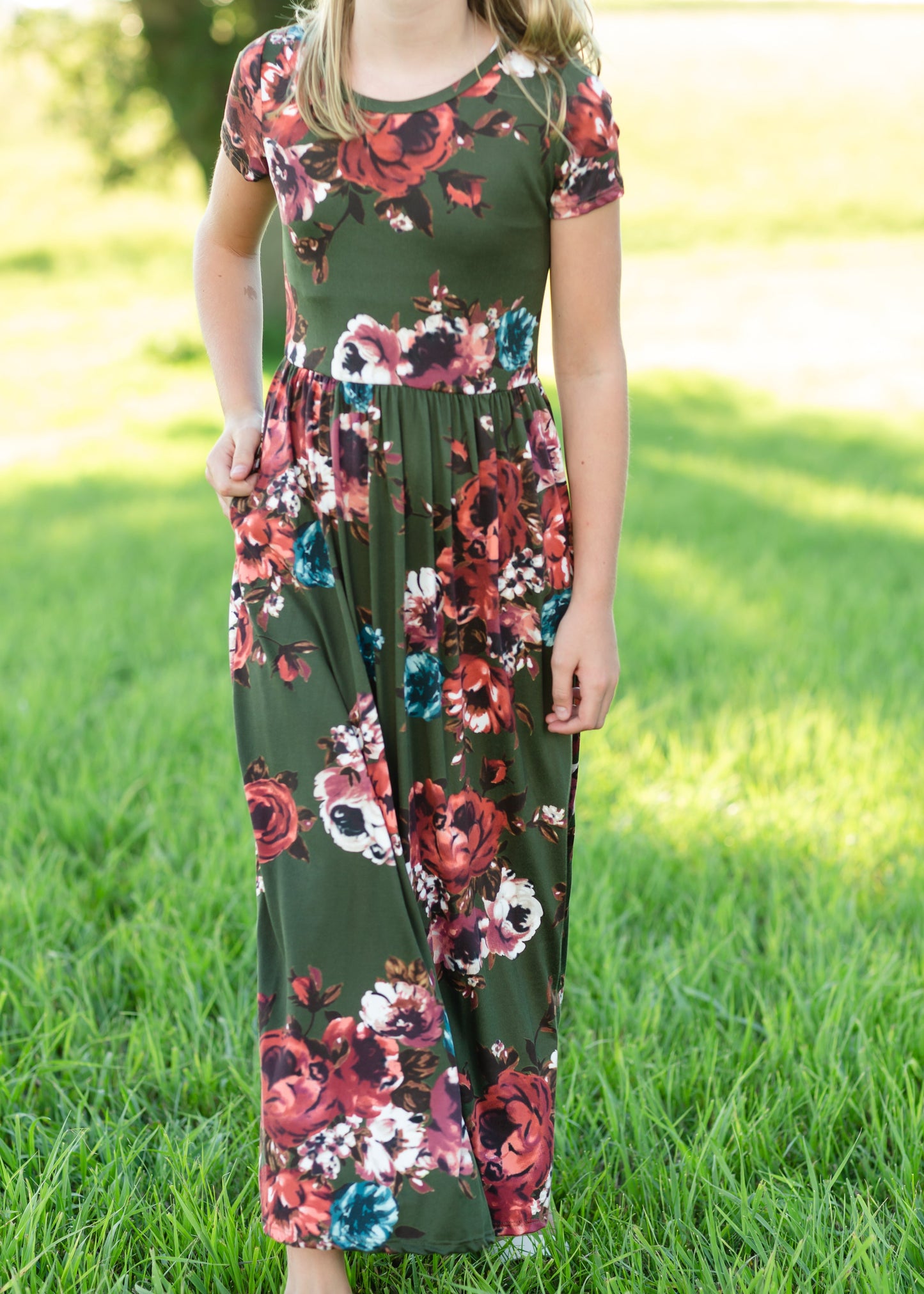 Olive Floral Fit and Flare Maxi Dress Dresses