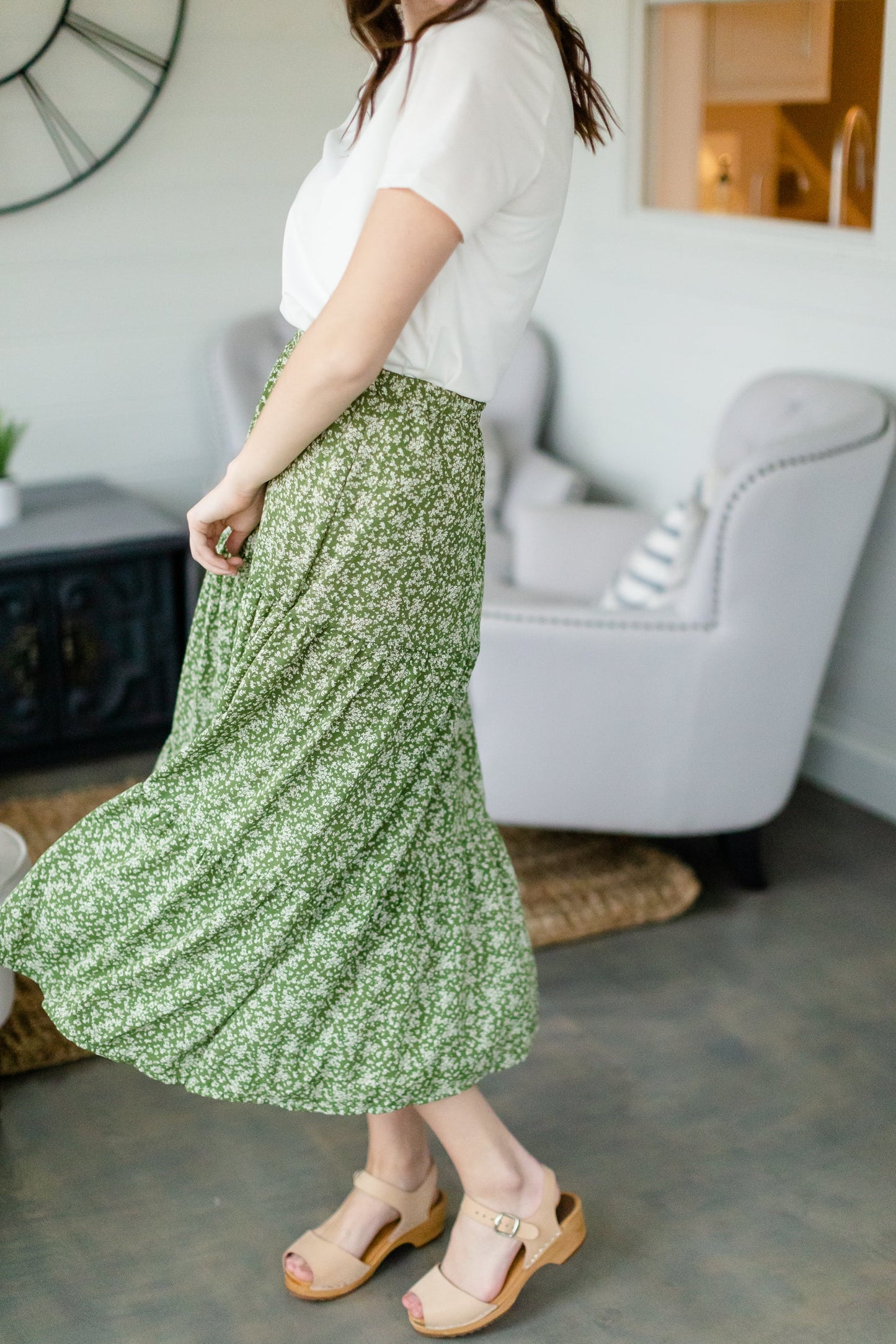 Olive Floral Tiered Midi Skirt Skirts