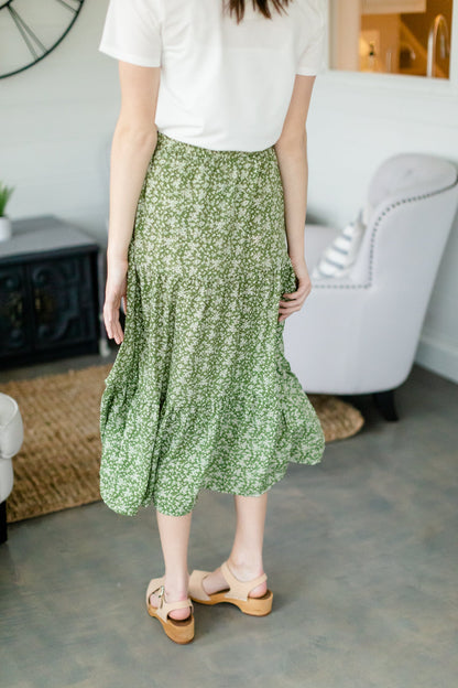 Olive Floral Tiered Midi Skirt Skirts