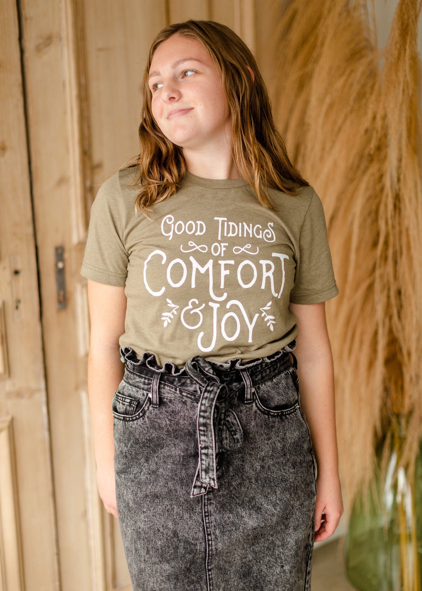 Olive Good Tidings Graphic Tee Tops Amy Anne Apparel Inc