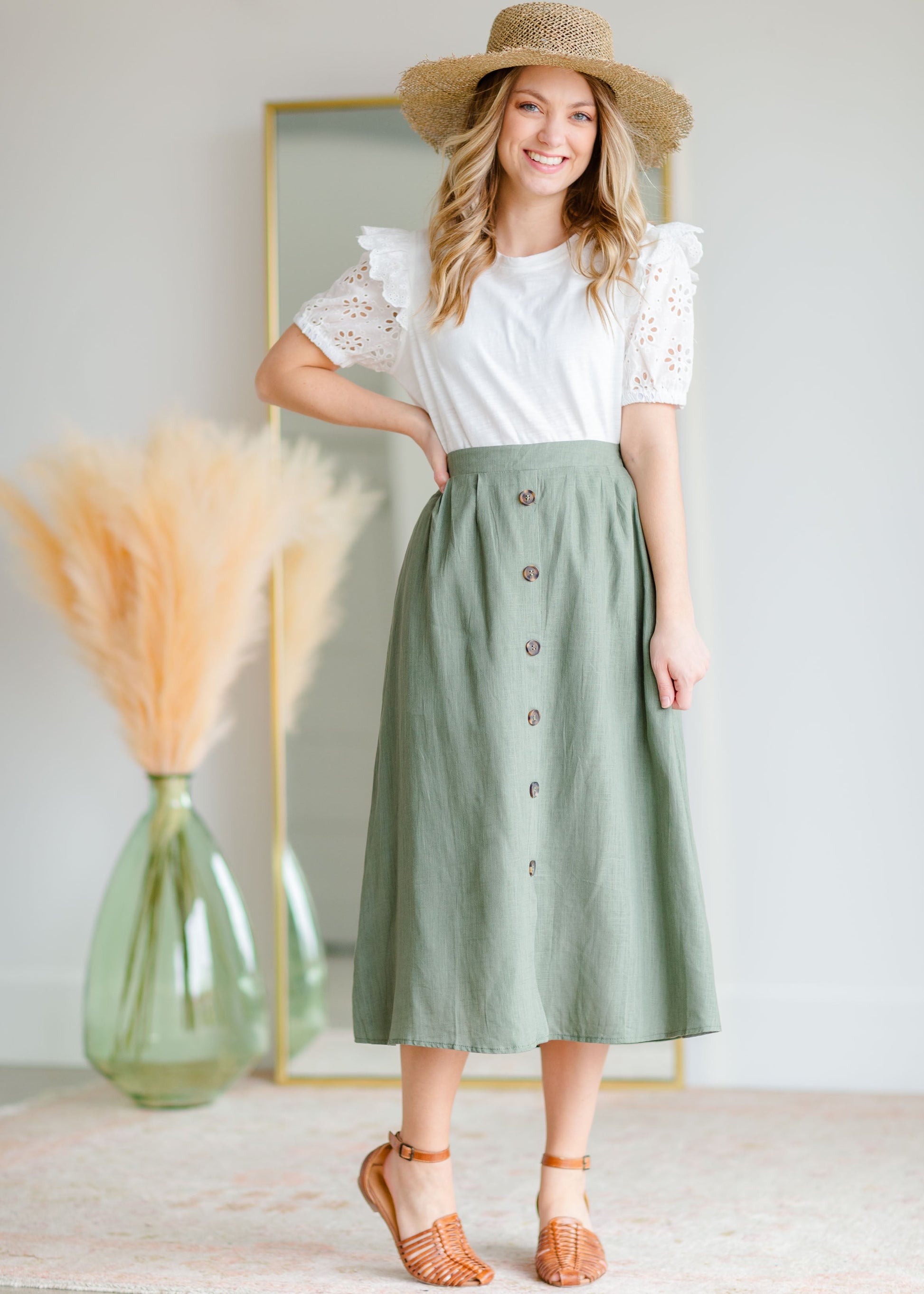Olive Green Button Up Midi Skirt Skirts Hayden Los Angeles