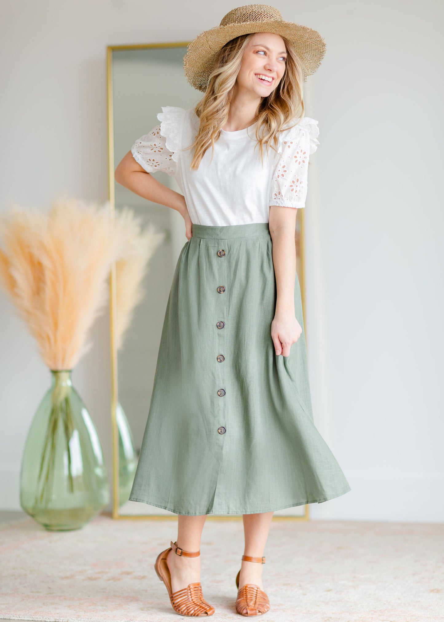 Olive Green Button Up Midi Skirt Skirts Hayden Los Angeles