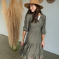 Olive Green Ruffle Detail Midi Dress Dresses Mikarose