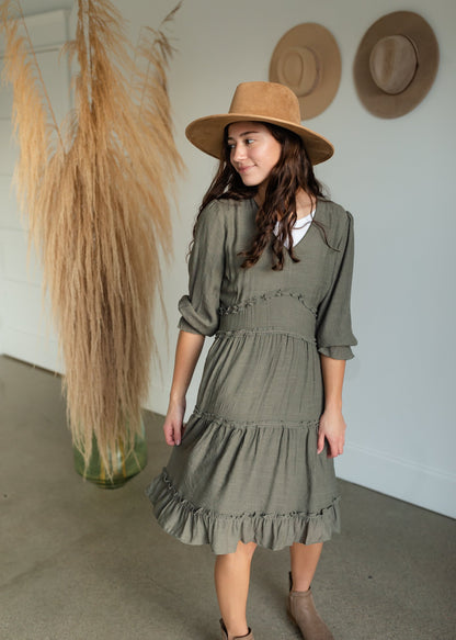 Olive Green Ruffle Detail Midi Dress Dresses Mikarose
