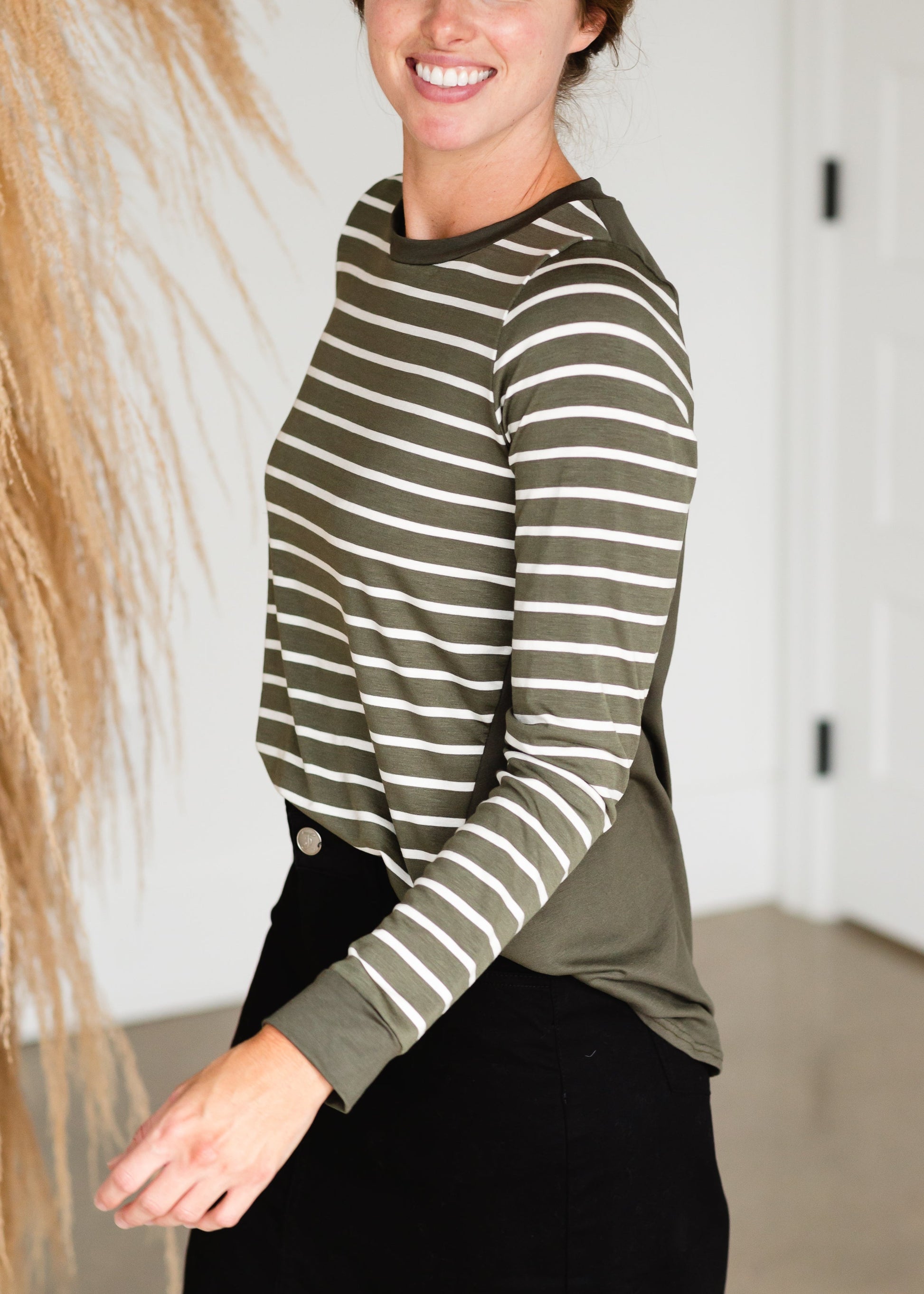 Olive High Lo Striped Long Sleeve Tee - FINAL SALE Tops