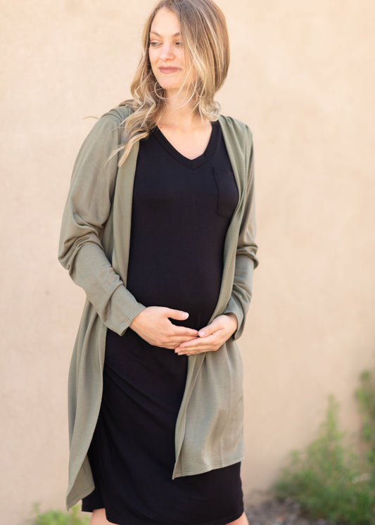 Olive Hooded Open Front Cardigan Tops