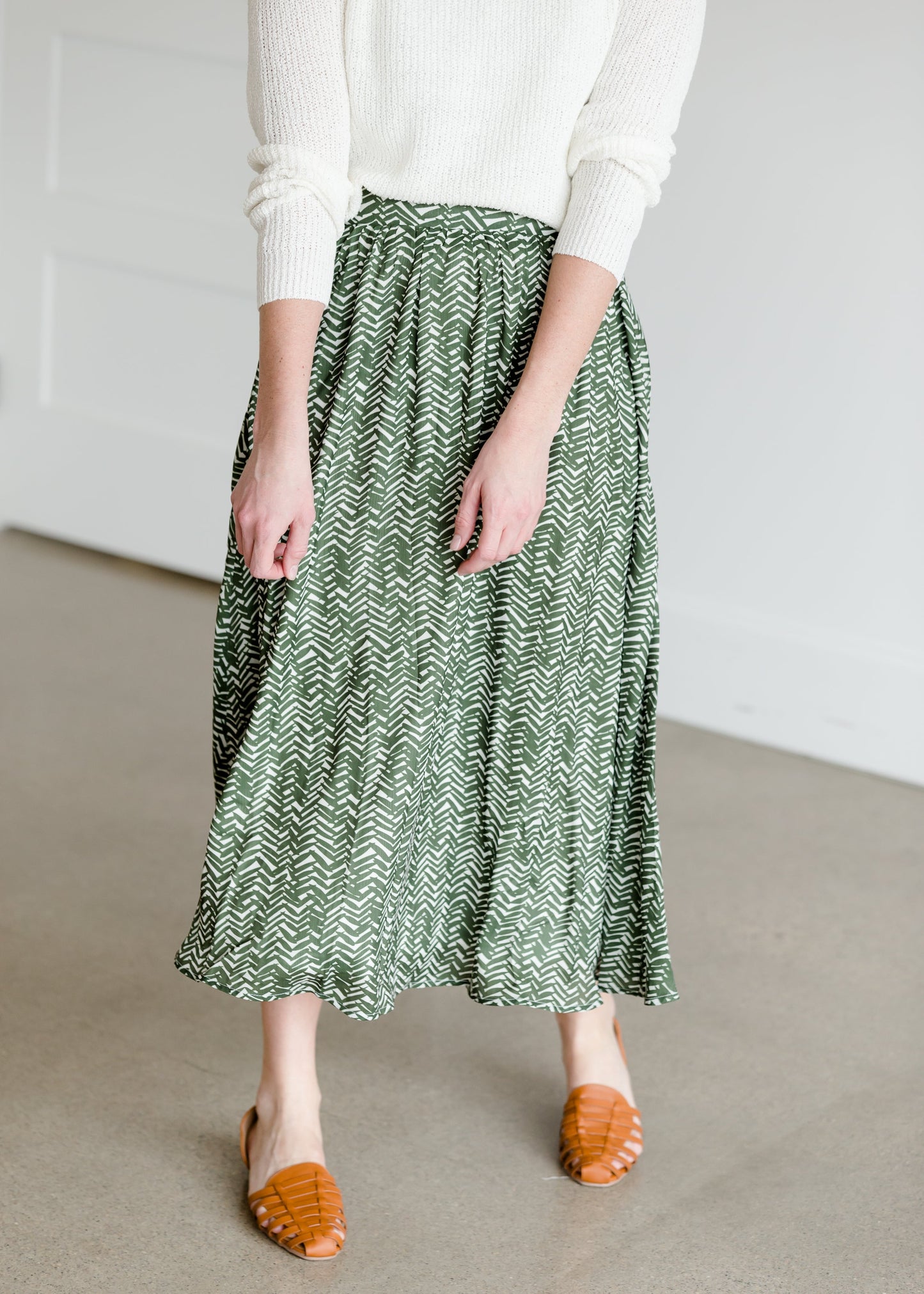 Olive Leaf Printed Midi Skirt Skirts
