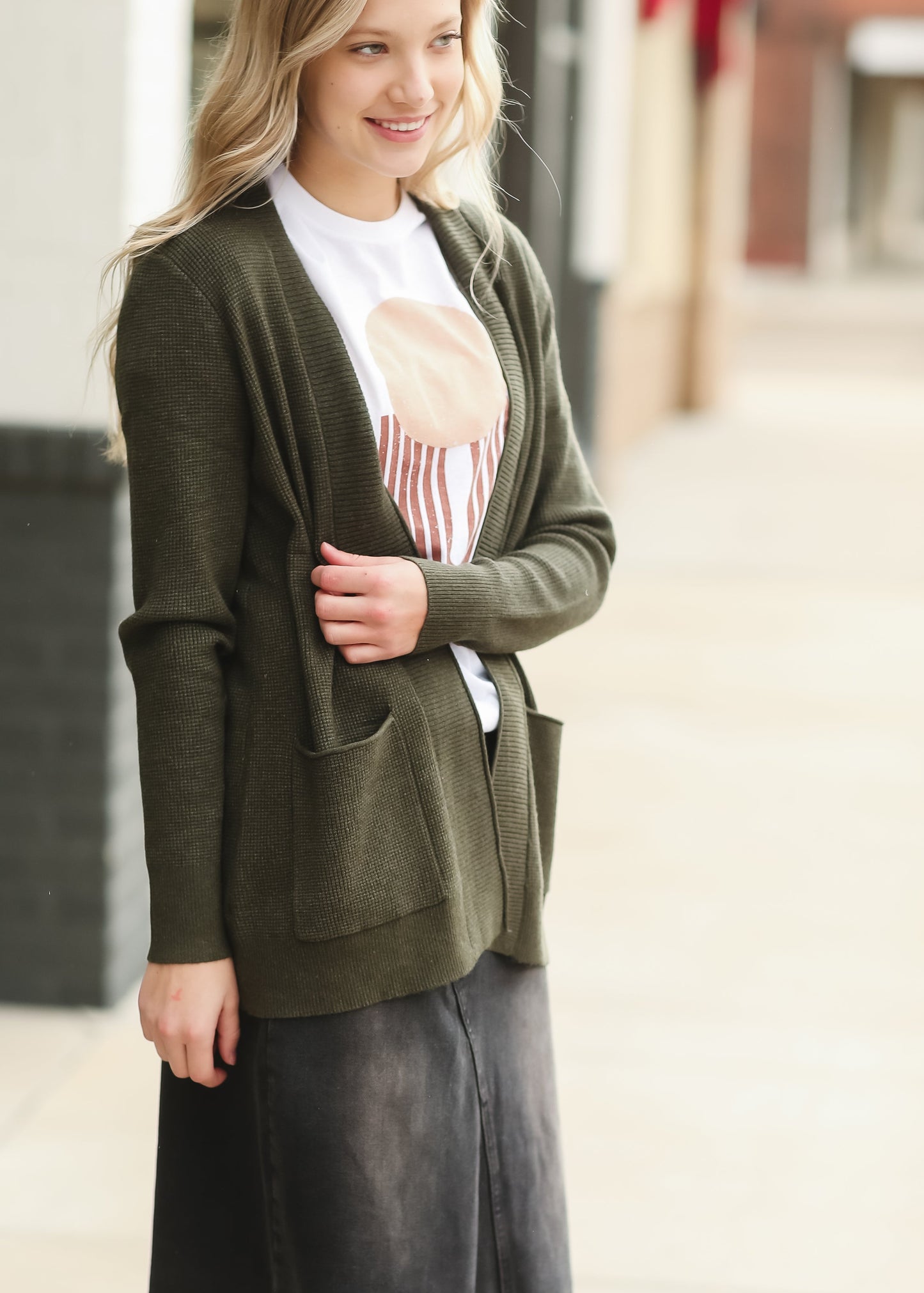 Olive Open Front Waffle Knit Cardigan Tops