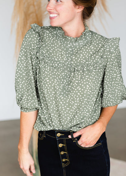 Olive Patterned Ruffle Top - FINAL SALE Tops
