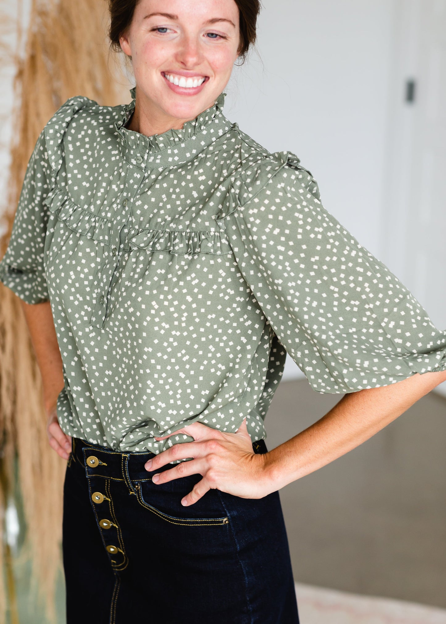 Olive Patterned Ruffle Top - FINAL SALE Tops