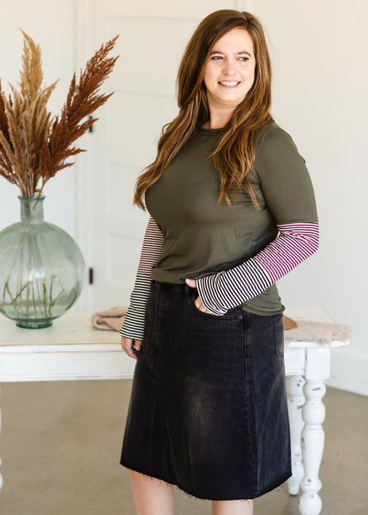 Olive Pin Striped Long Sleeve Top - FINAL SALE Tops