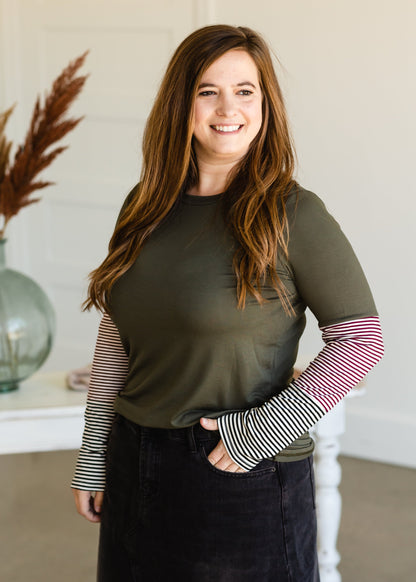 Olive Pin Striped Long Sleeve Top - FINAL SALE Tops