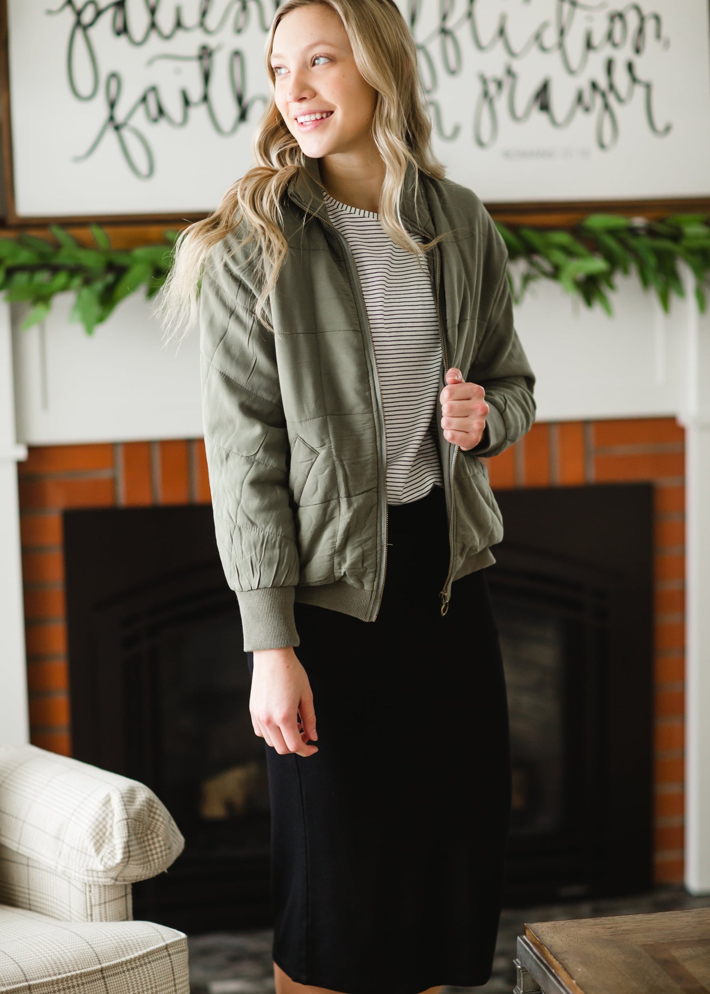 Olive Quilted Bomber Jacket Tops