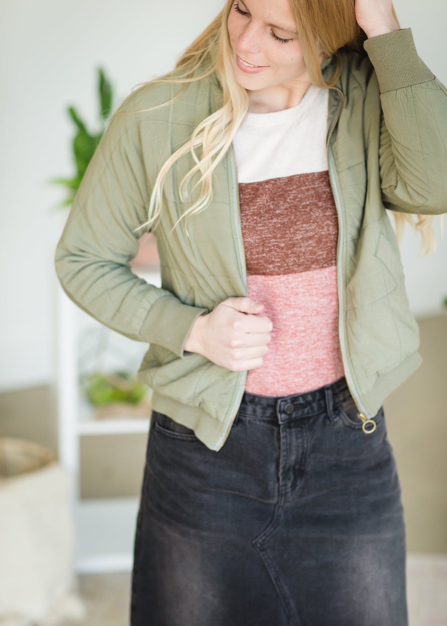 Olive Quilted Bomber Jacket Tops