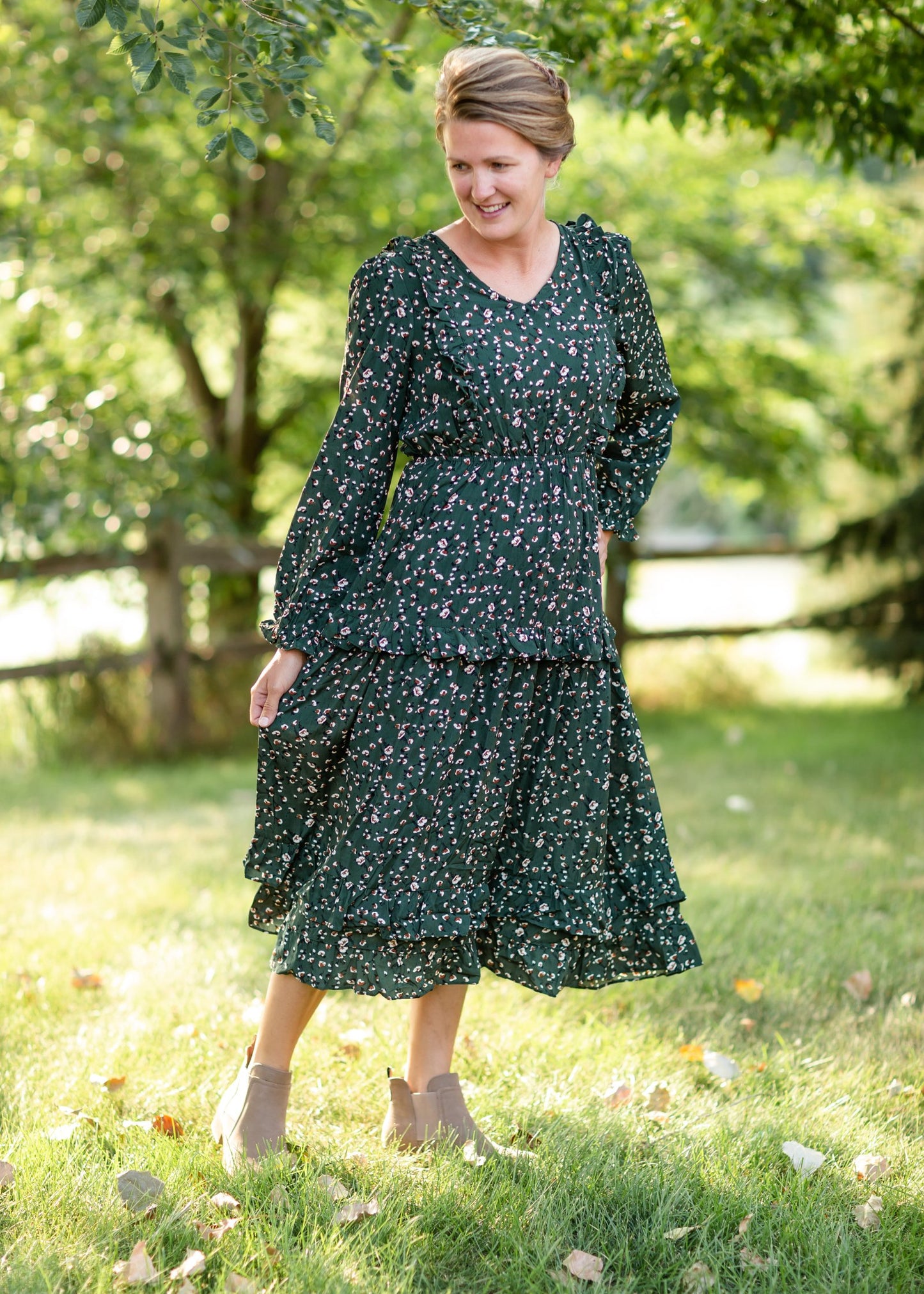 Olive Ruffle Shoulder Floral Midi Dress Dresses Hayden Los Angeles