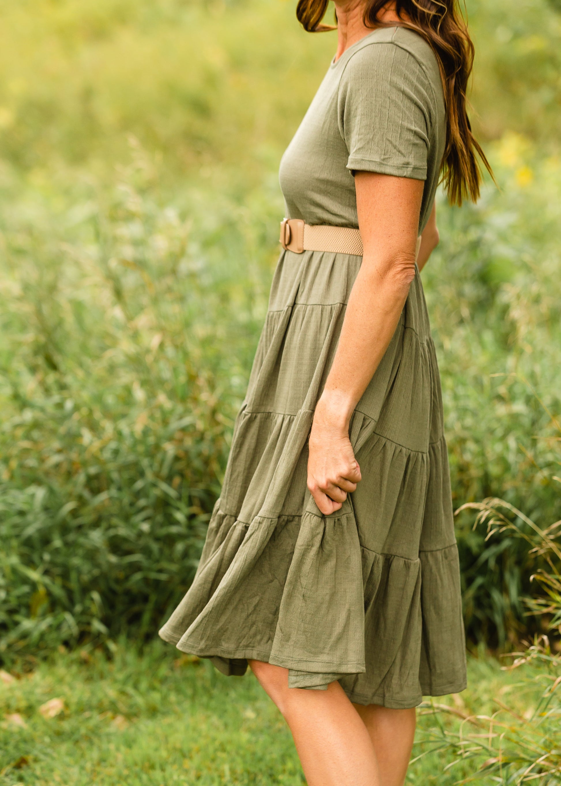 Olive Short Sleeve Tiered Midi Dress - FINAL SALE Dresses