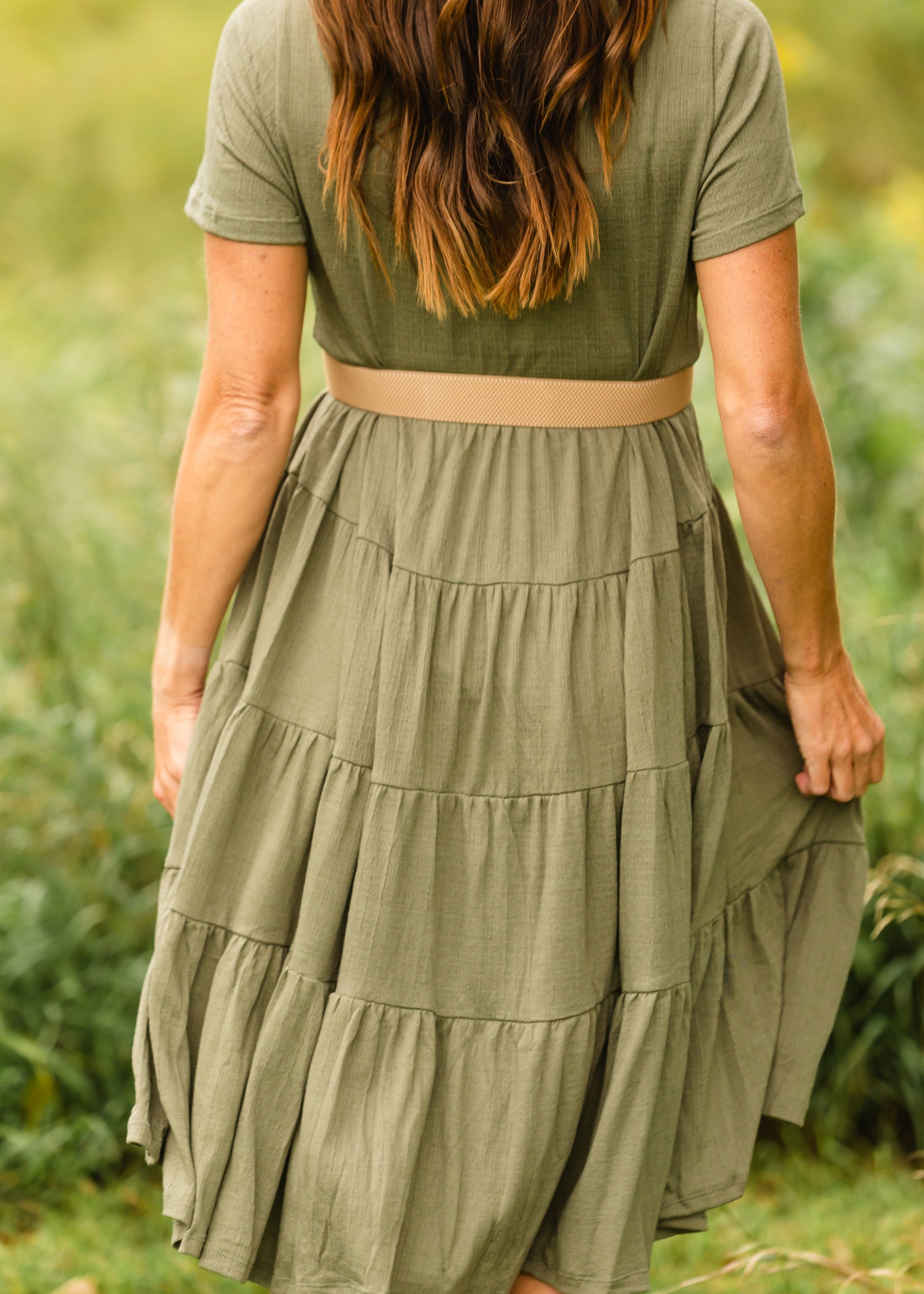 Olive Short Sleeve Tiered Midi Dress - FINAL SALE Dresses