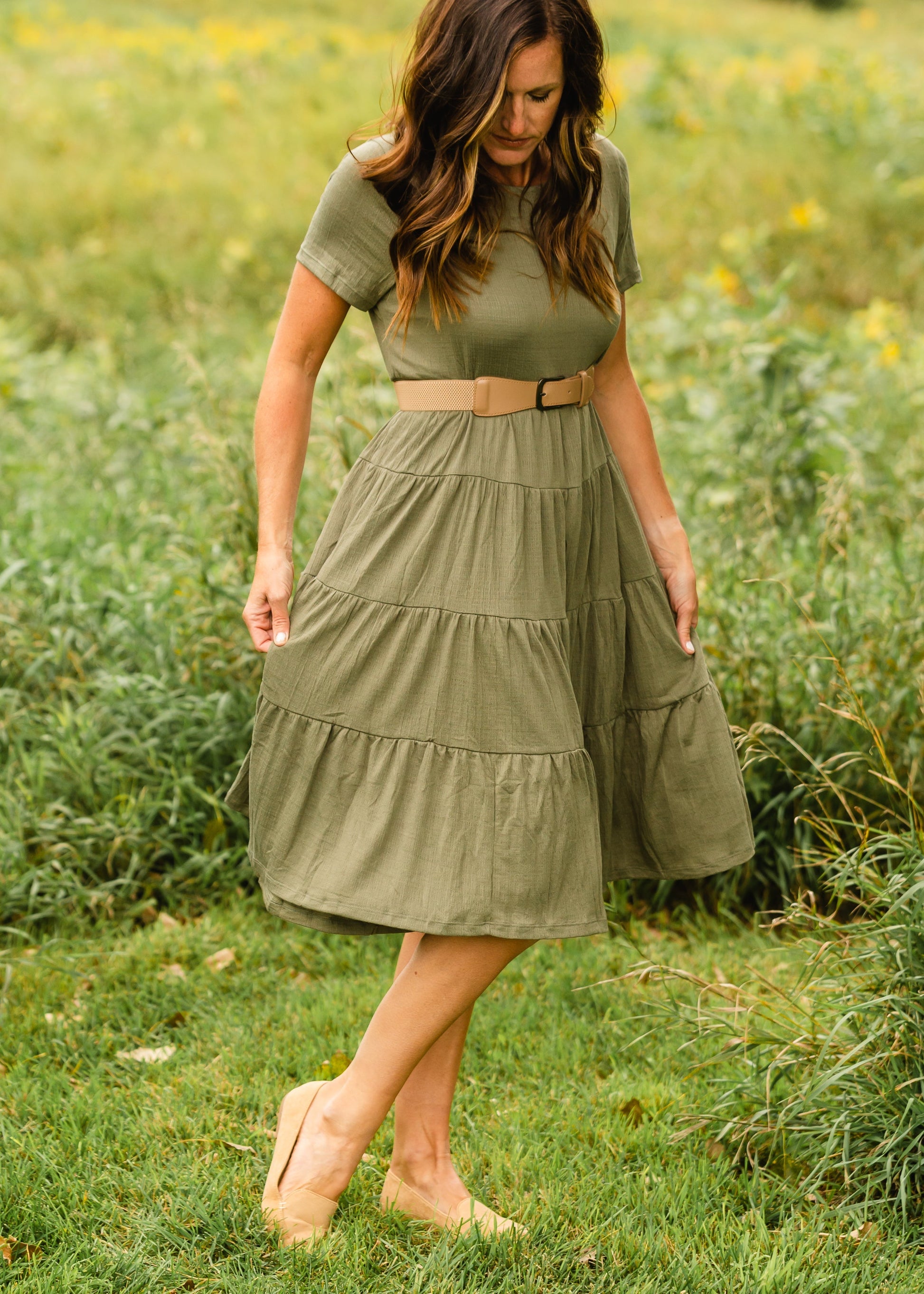 Olive Short Sleeve Tiered Midi Dress - FINAL SALE Dresses
