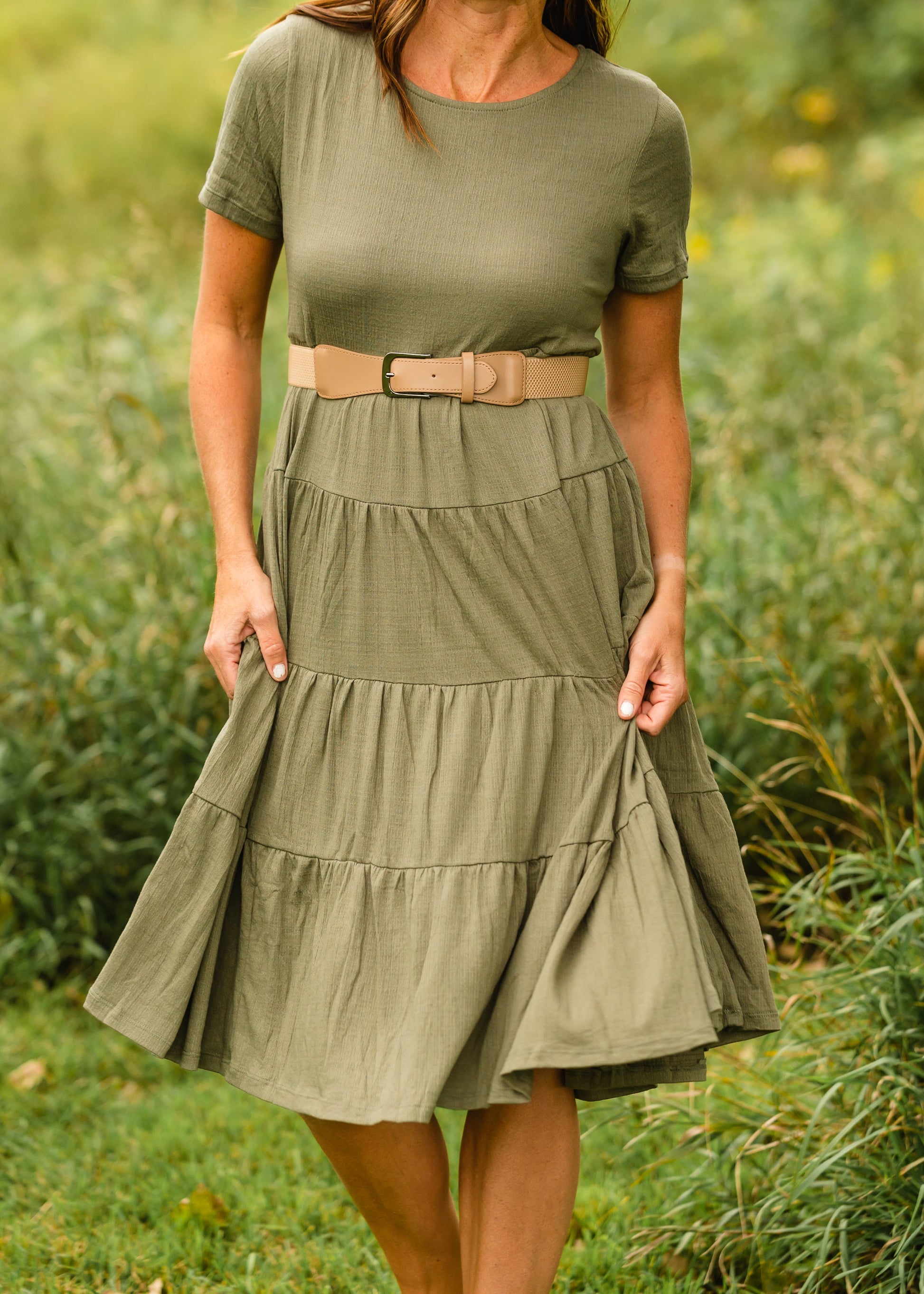 Olive Short Sleeve Tiered Midi Dress - FINAL SALE Dresses