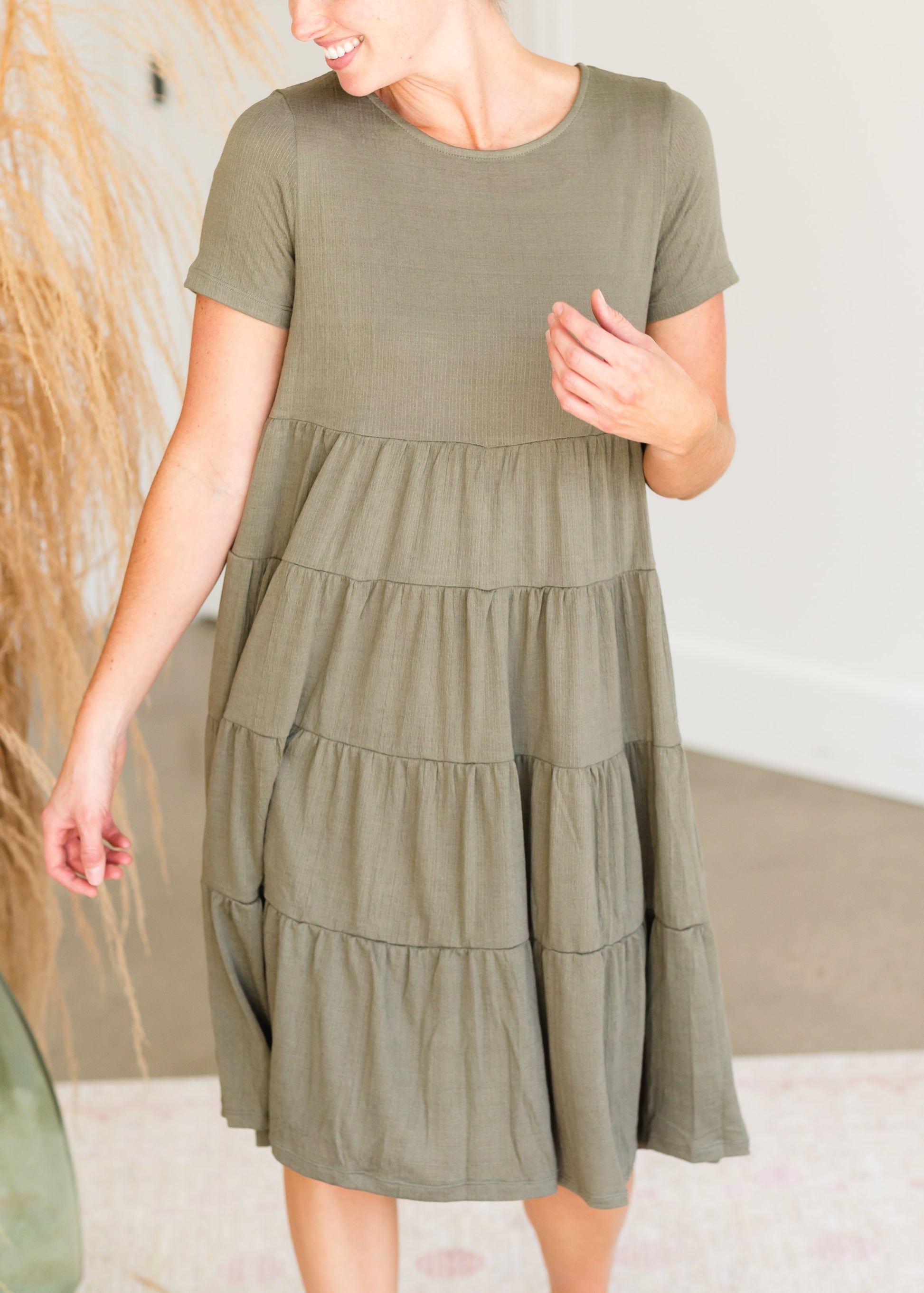 Olive Short Sleeve Tiered Midi Dress - FINAL SALE Dresses