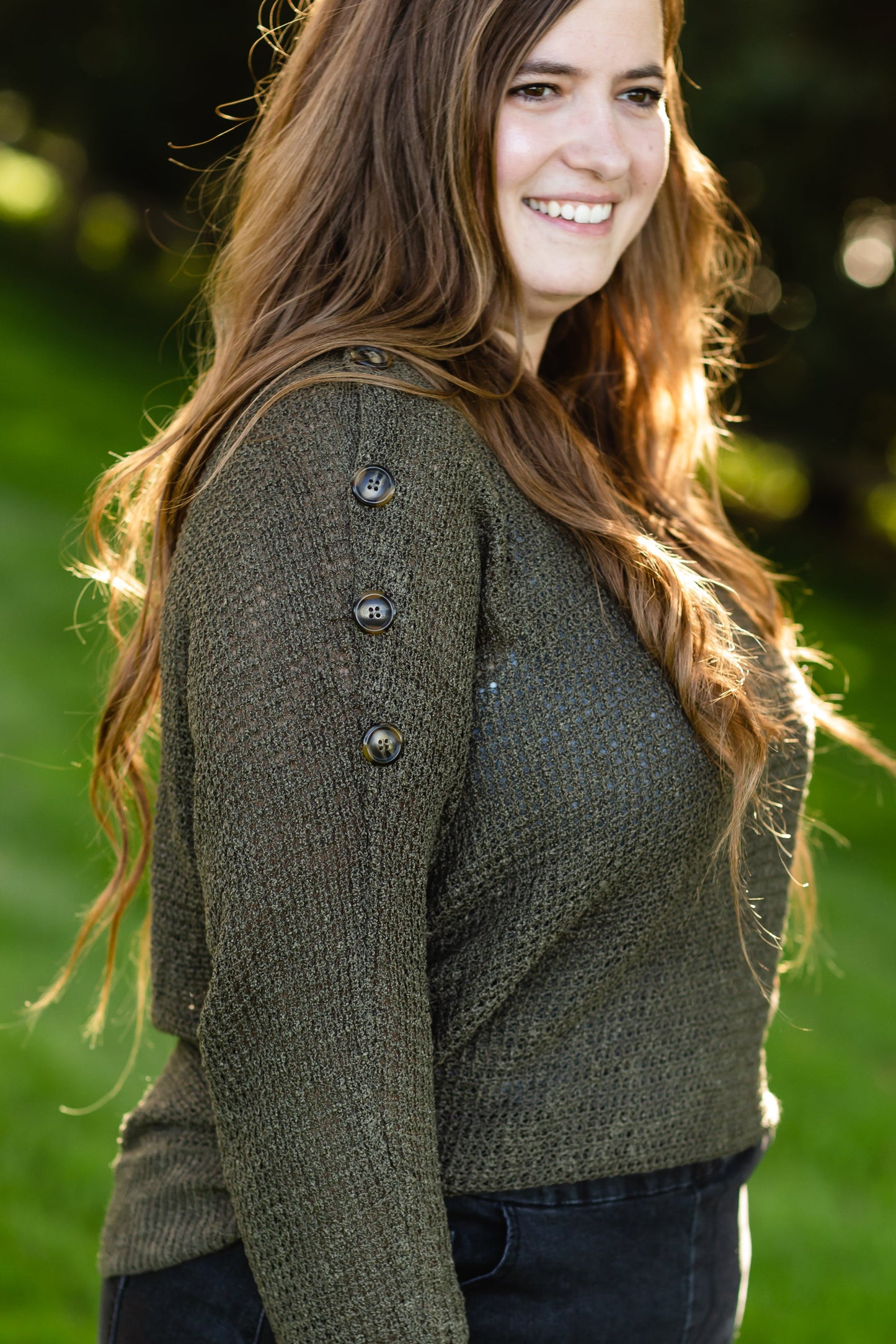 Olive Shoulder Button Detail Sweater - FINAL SALE Tops