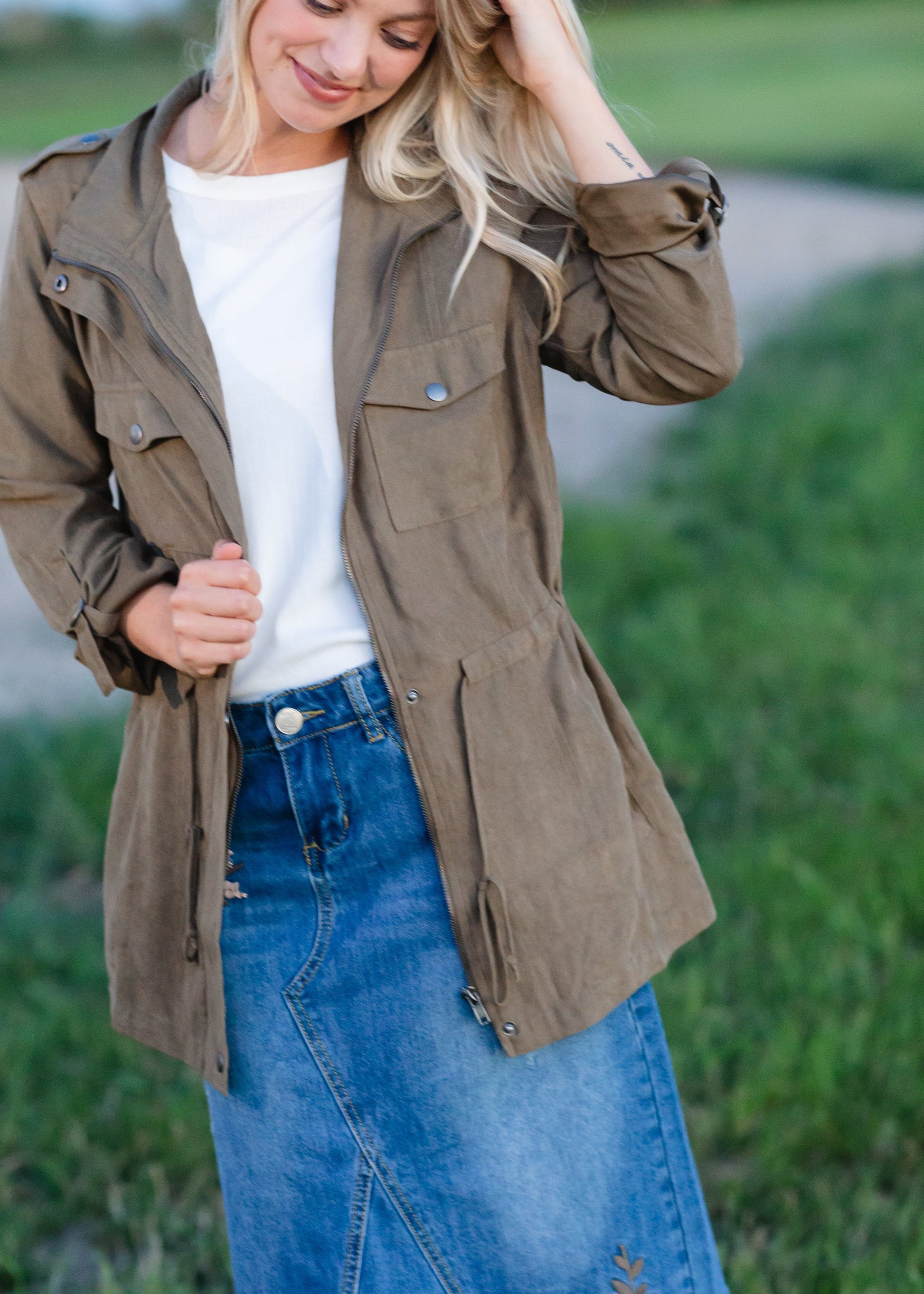 Olive Snap Front Zip Up Drawstring Jacket Layering Essentials