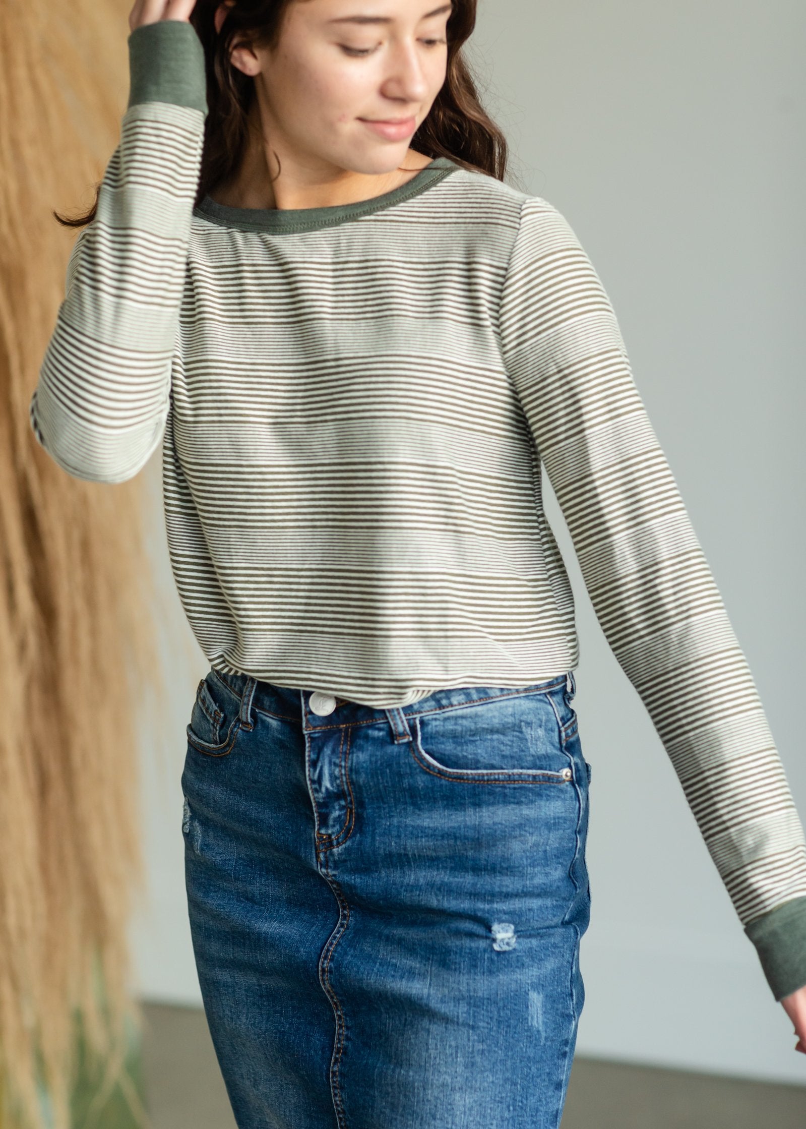 Olive Striped Textured Top Tops Staccato