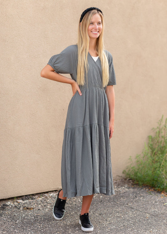 Olive Textured Woven Midi Dress Dresses