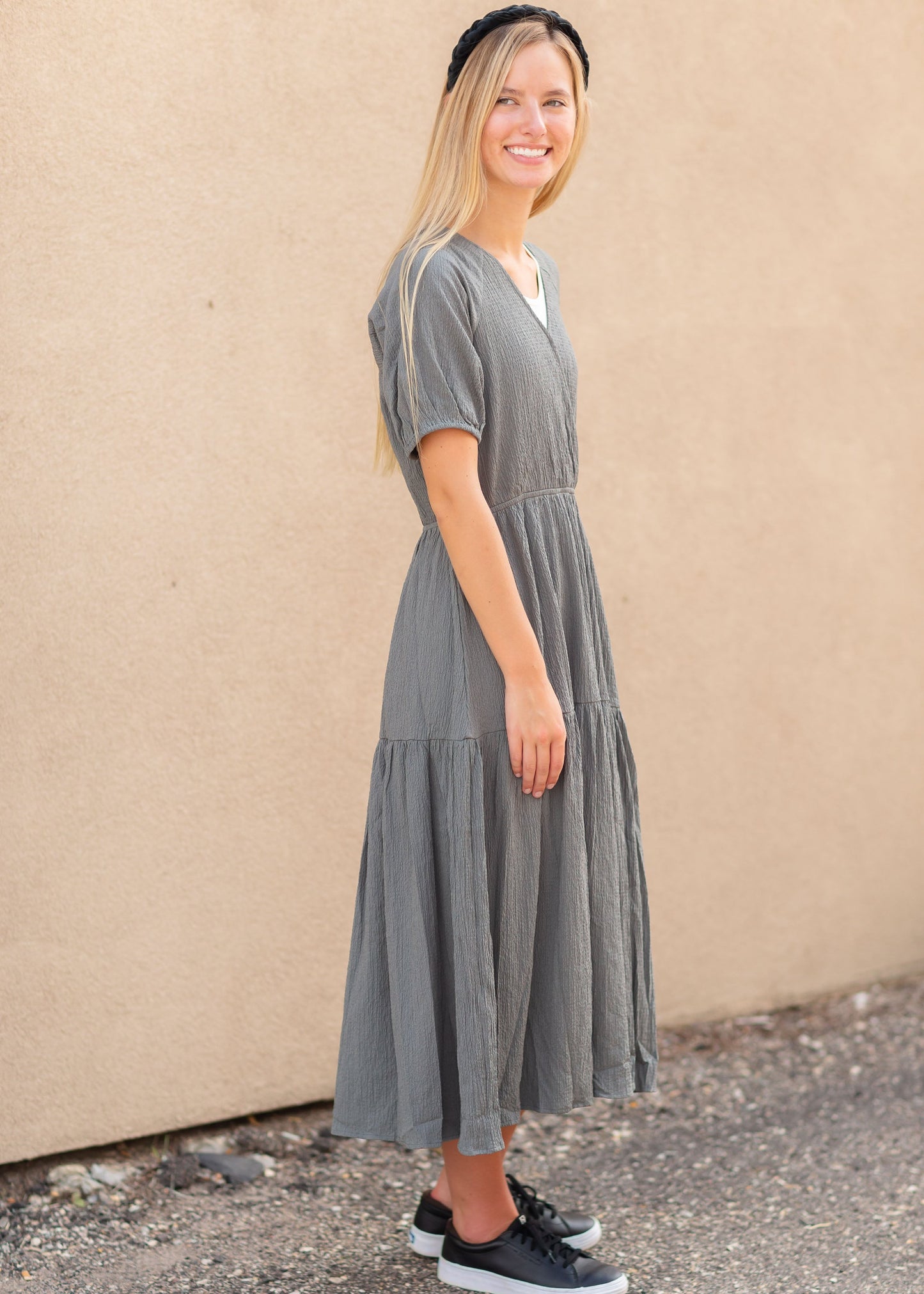 Olive Textured Woven Midi Dress Dresses